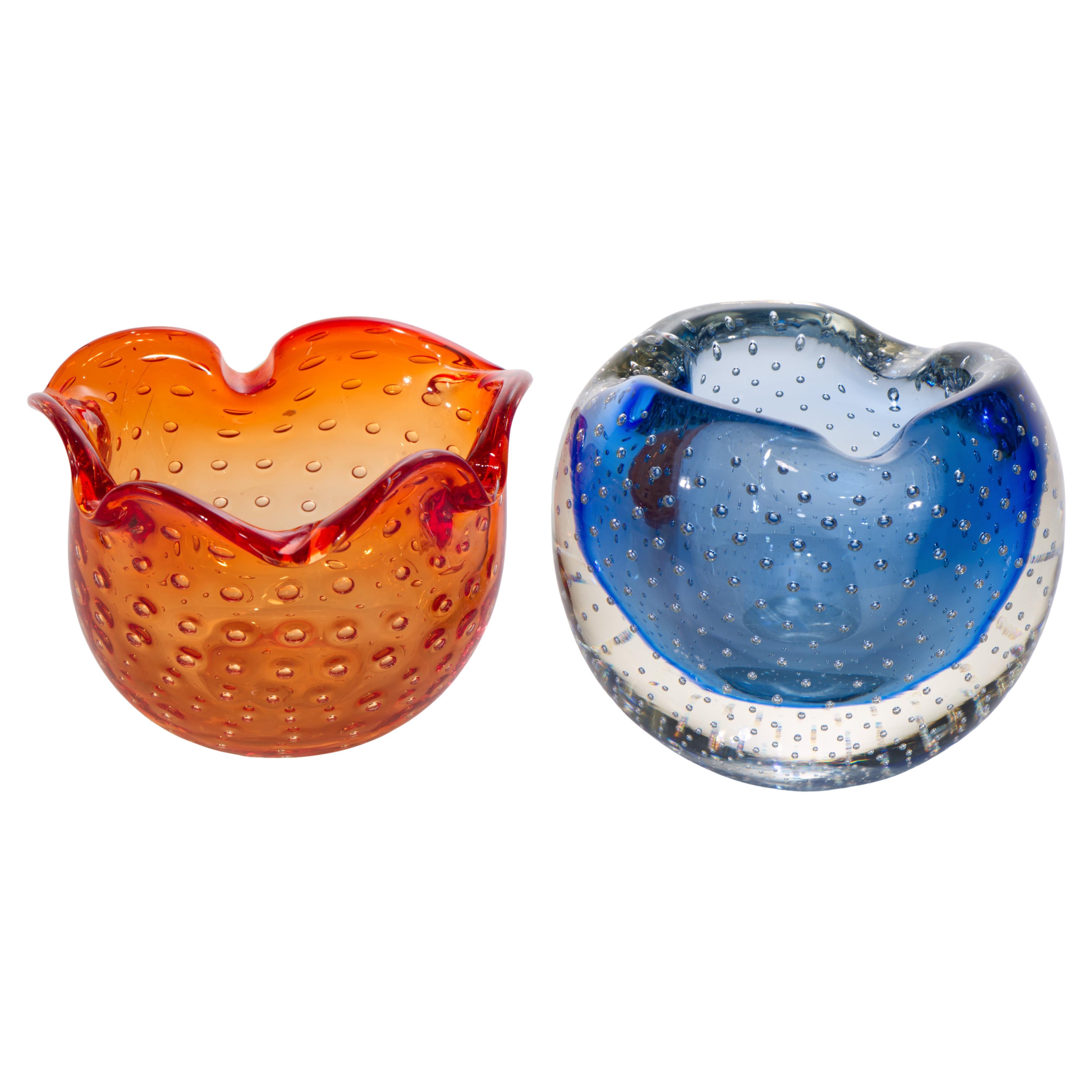 ICET Murano Set of 2 Ashtrays Bowls Sommerso Glass Red & Blue