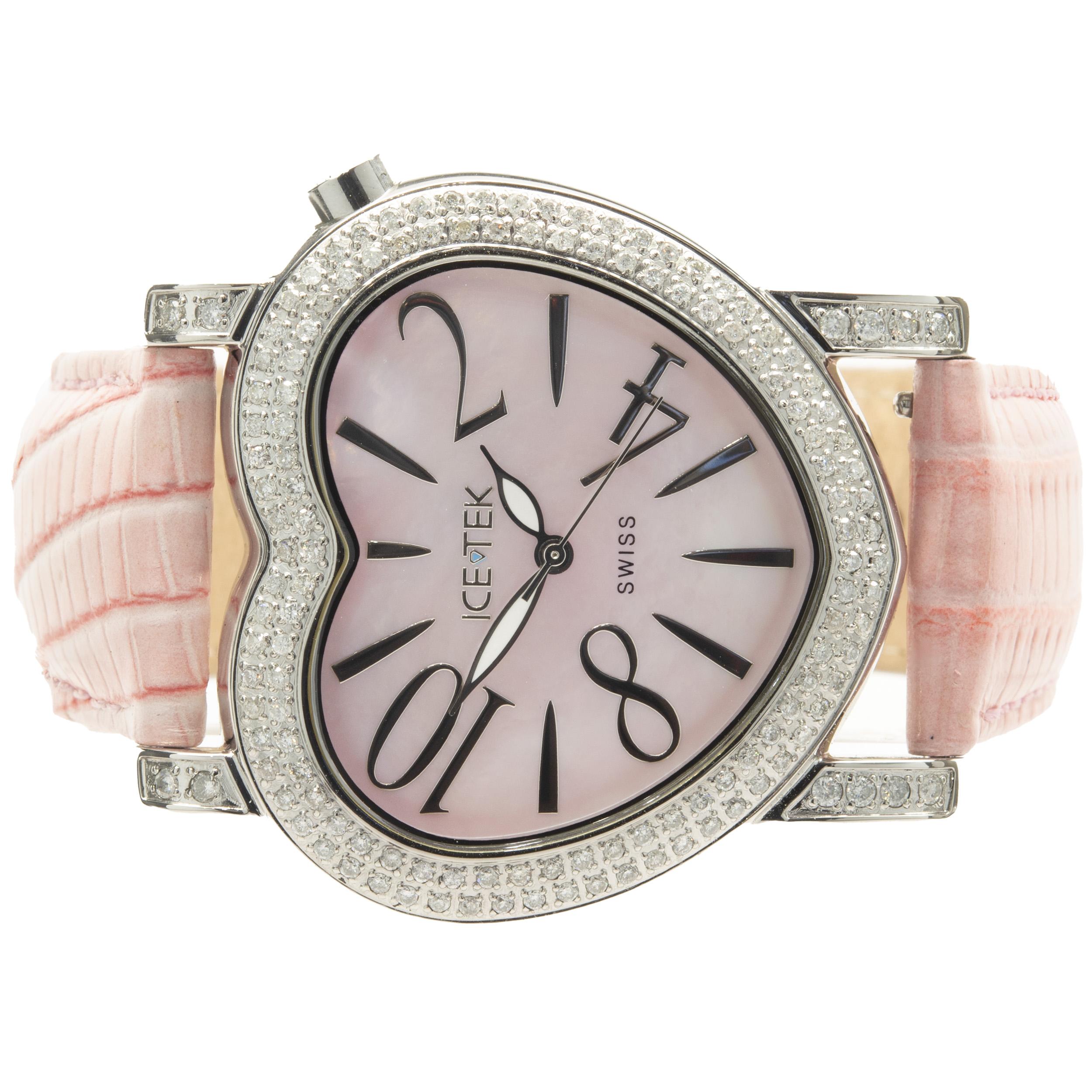 Movement: quartz
Function: hours, minutes, seconds
Dial: pink mother of pearl, arabic numerals
Serial # HXXX/1XXX

No box or papers included
Guaranteed to be authentic by seller.