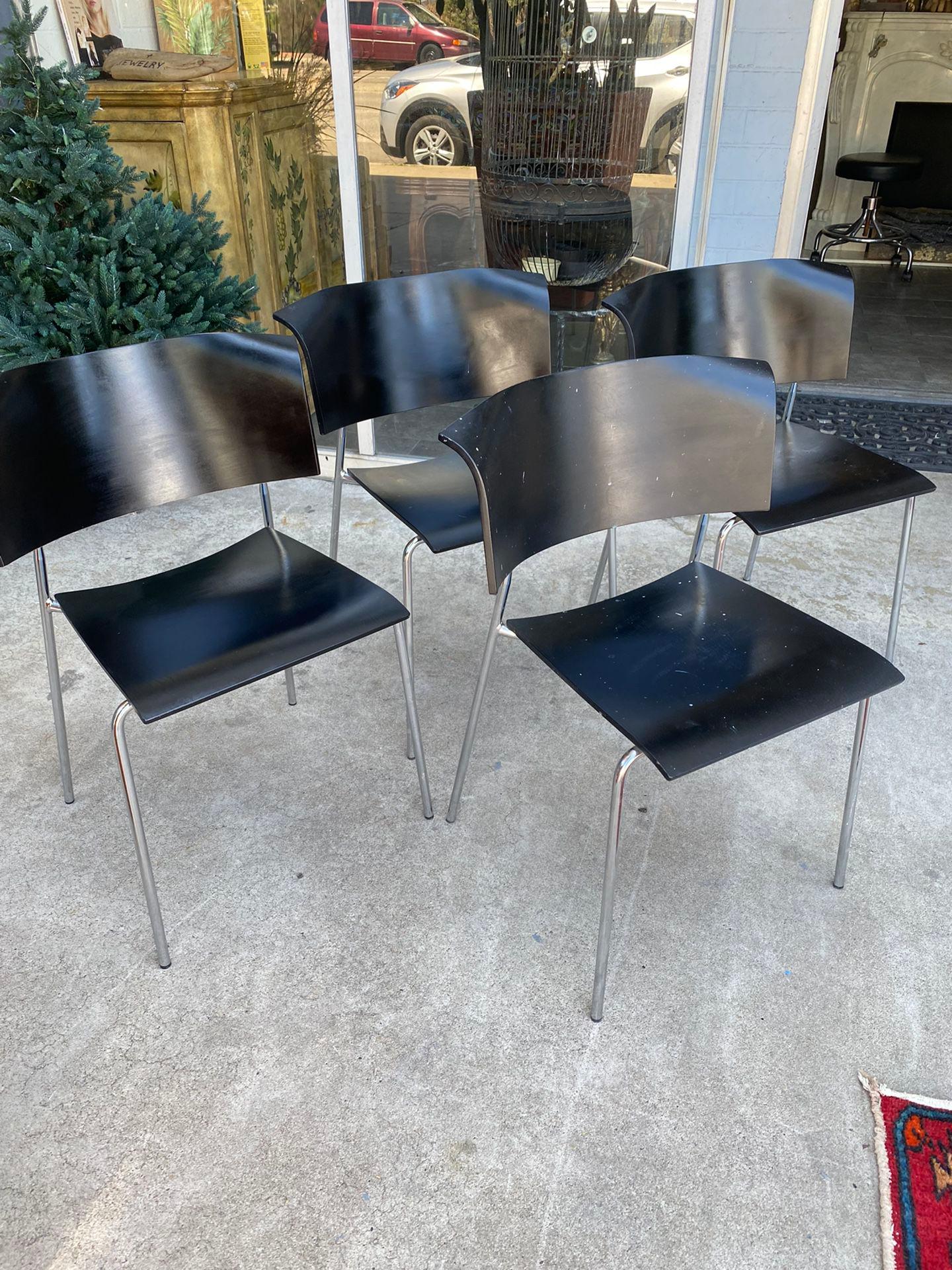 Late 20th Century Postmodern Four Stackable Black Chairs Wood and Chrome Sweden ICF Group