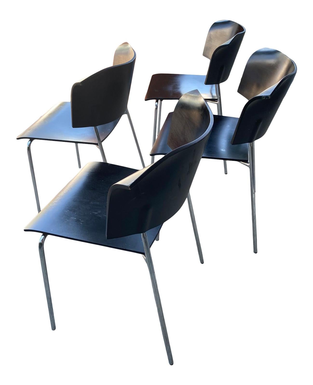 Postmodern Four Stackable Black Chairs Wood and Chrome Sweden ICF Group 2