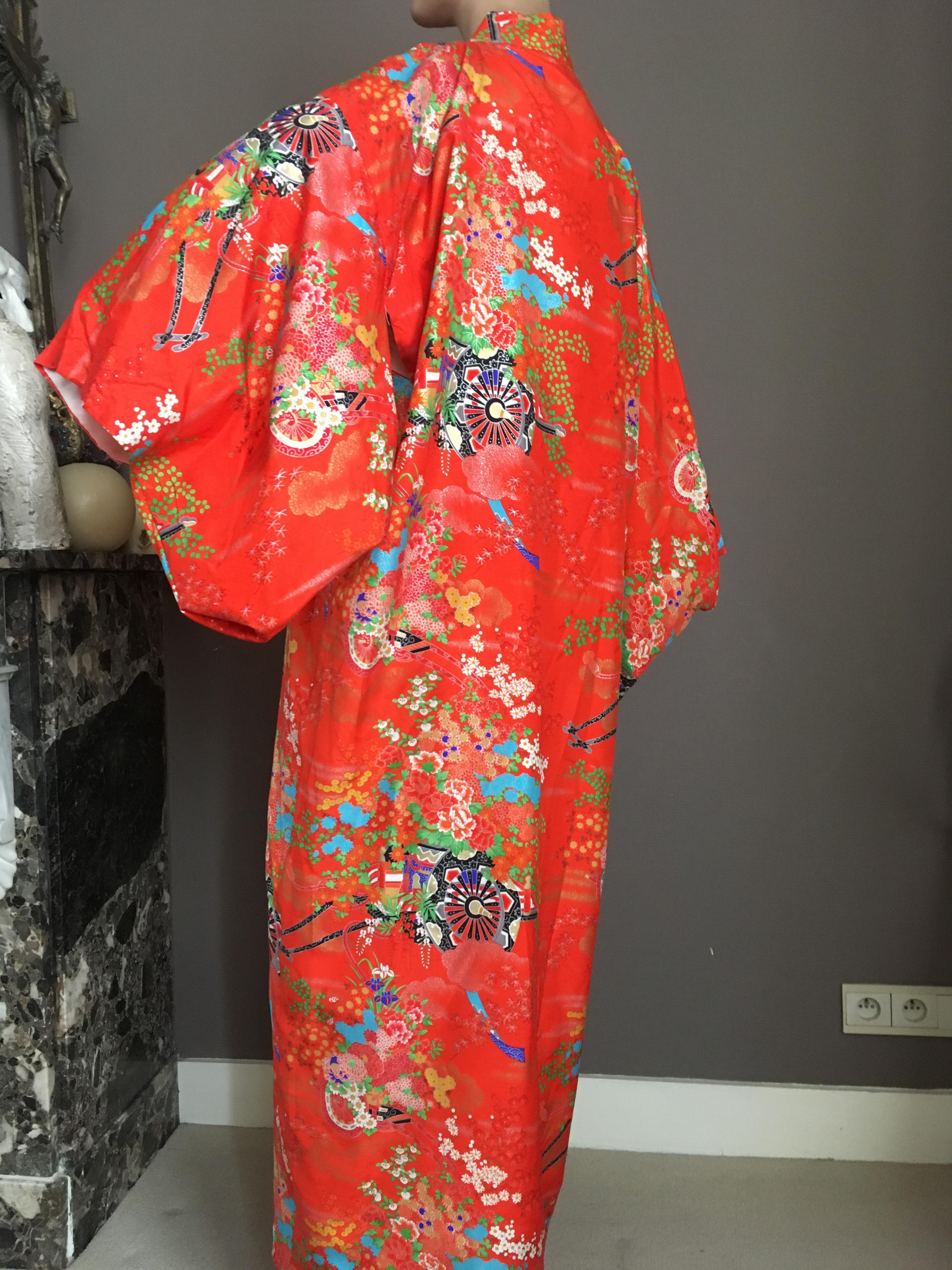 Ichiban Open Kimono Robe Red & Orange, Japan , 1960s In Good Condition For Sale In Antwerp, BE