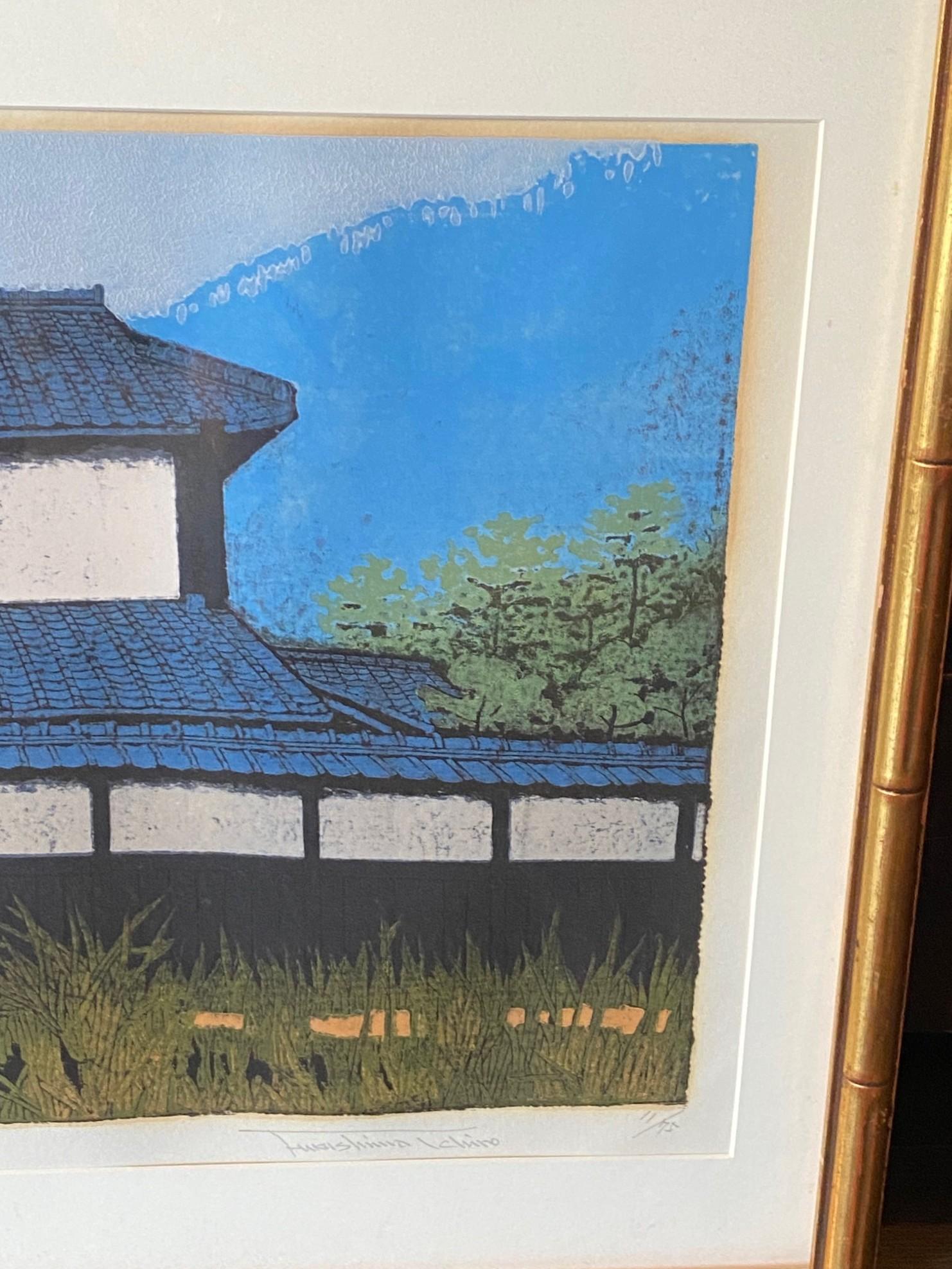 Japonais Ichiro Fukushima - Gravure sur bois japonaise à édition limitée, signée, représentant la maison du temple en vente