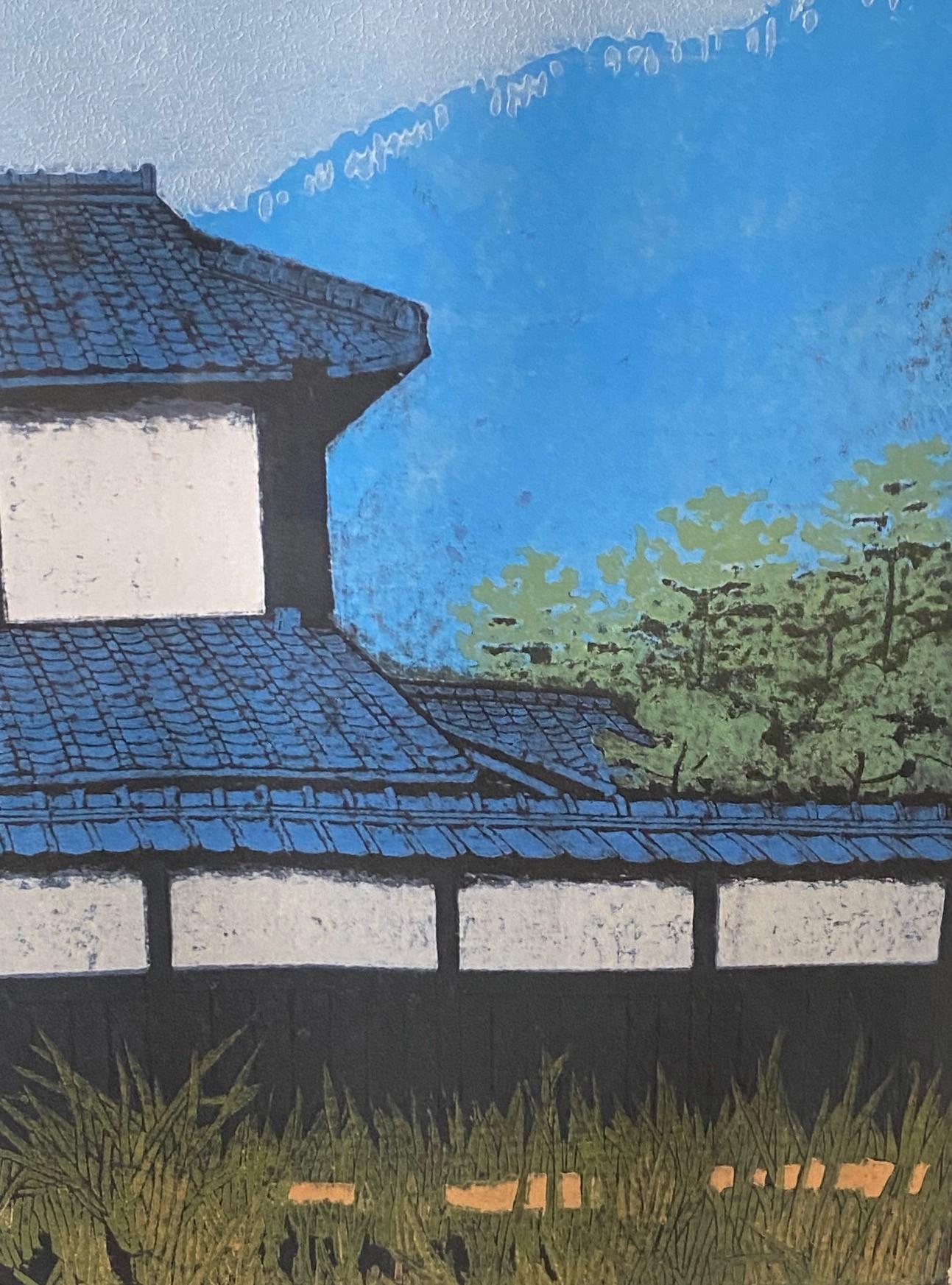 Papier Ichiro Fukushima - Gravure sur bois japonaise à édition limitée, signée, représentant la maison du temple en vente