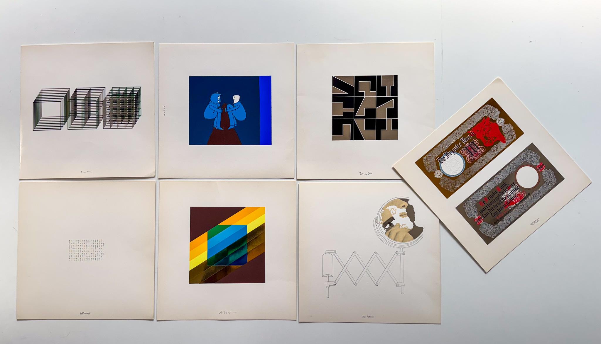 Vollständiger Satz von sieben Drucken, der 1971 von der Kunststoffabteilung des Chemiegiganten ICI in Auftrag gegeben wurde, um das Potenzial von Prägefolien für das Grafikdesign aufzuzeigen. Zu den international geförderten Künstlern und Designern