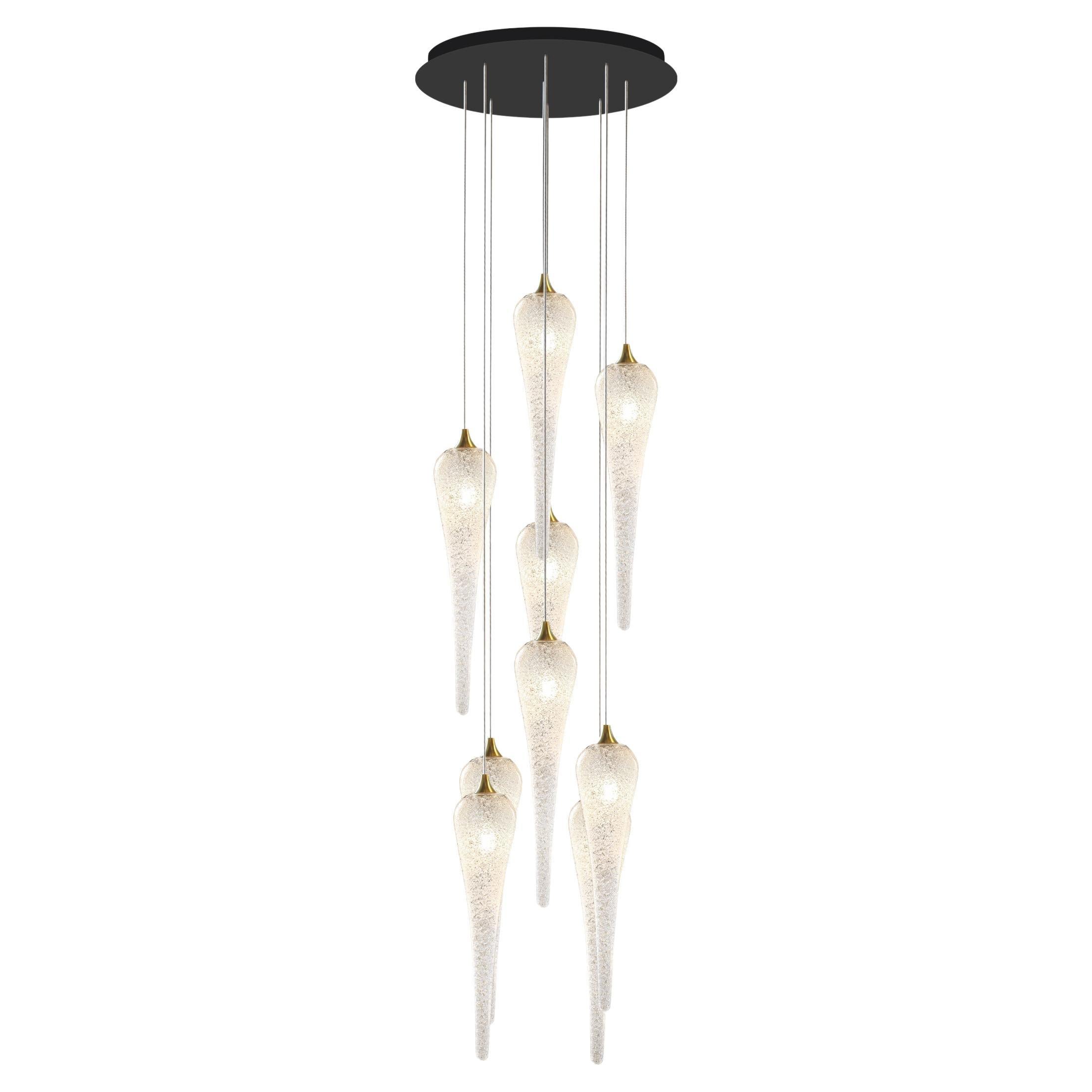 ICICLE Artisanal Hand-Blown Glass Chandelier, 9 Crystal Flakes Pendants LED For Sale