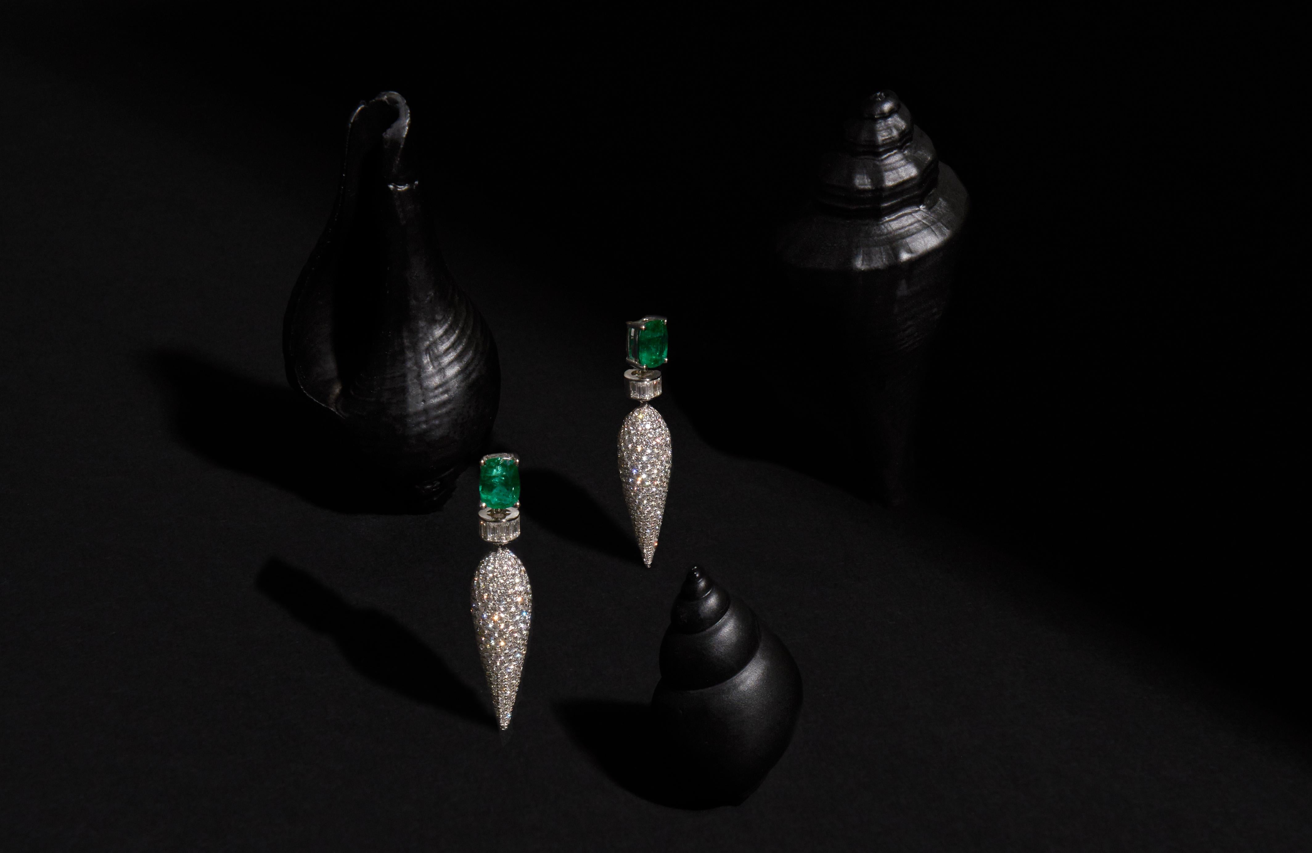 Cushion Cut Icicle Emerald and Diamond Dangler Earrings For Sale