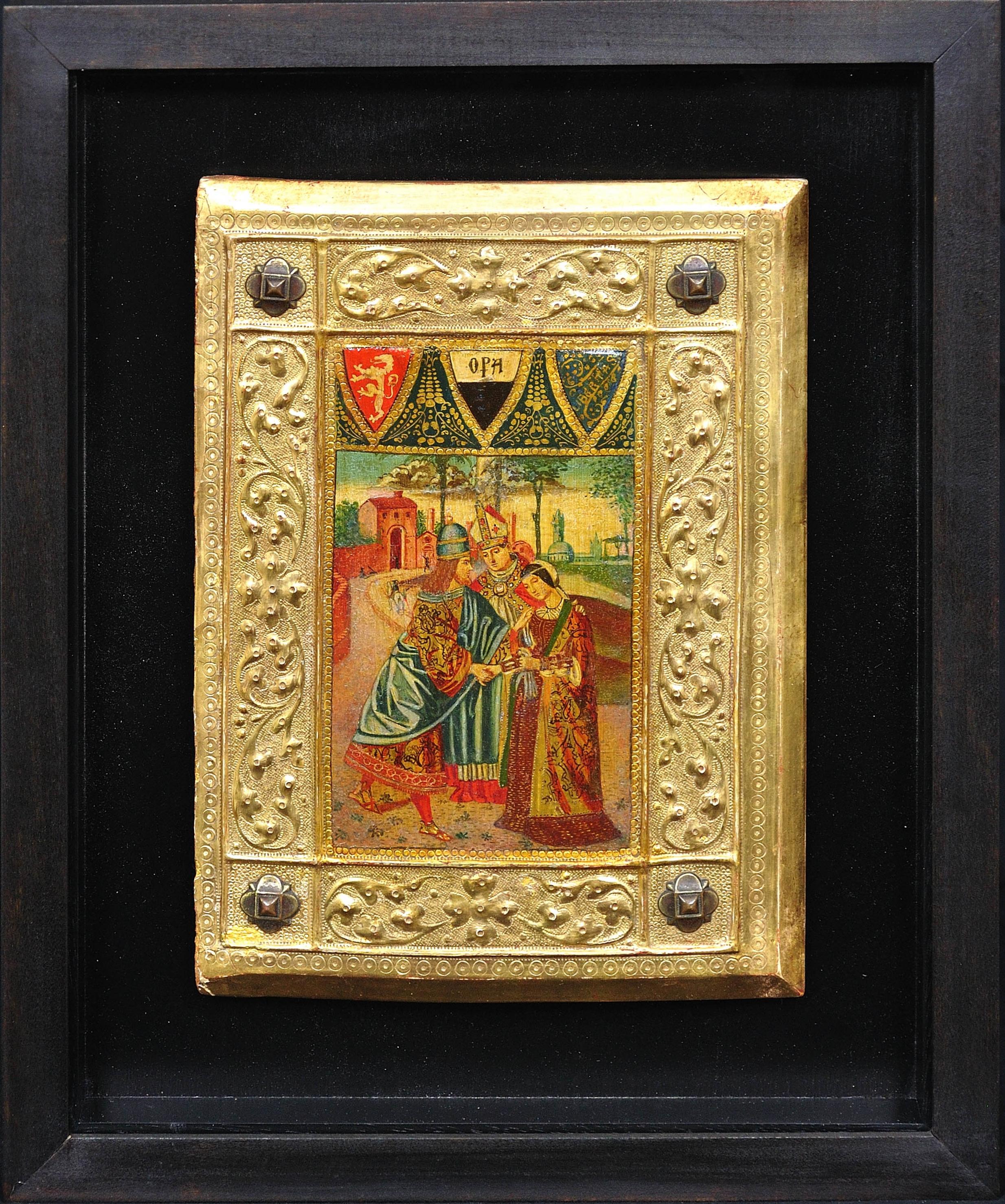 Couverture de livre Tavolette en bois peint dans le style Biccherna, Sienne, Toscane  - Painting de Icilio Federico Joni