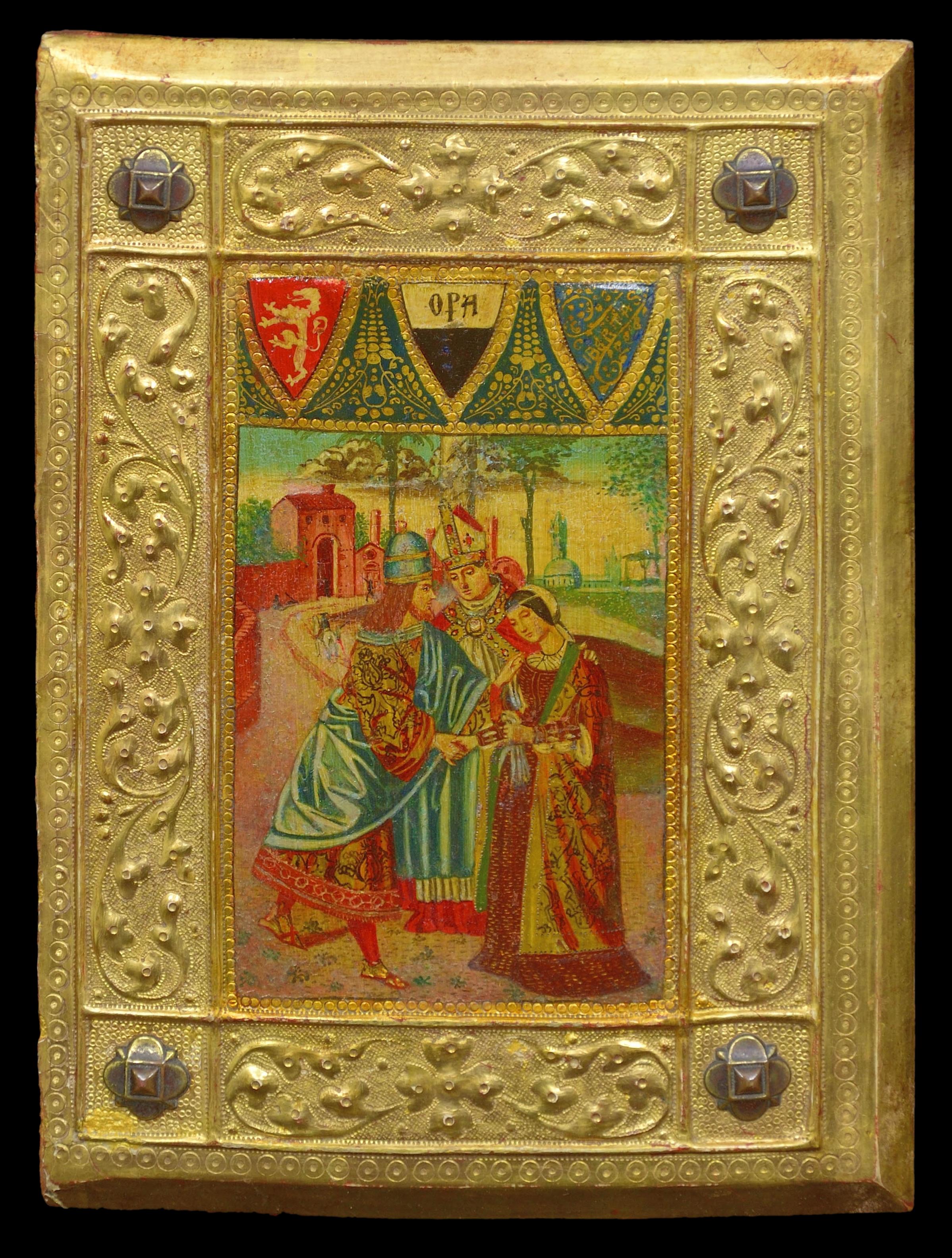 Couverture de livre Tavolette en bois peint dans le style Biccherna, Sienne, Toscane 