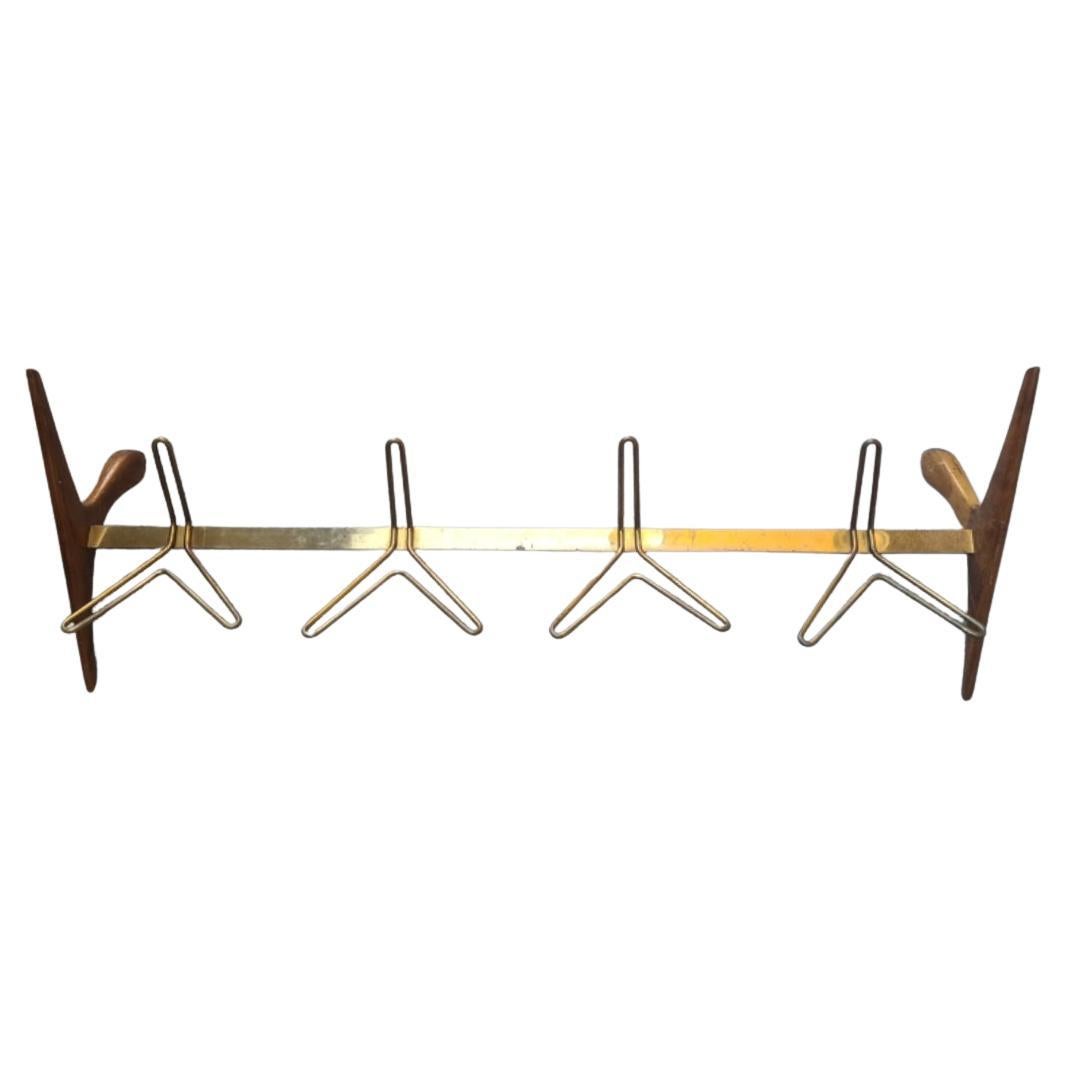 Ico Parisi Wall-mounted coat rack. Brass wood glass 1950s Italy