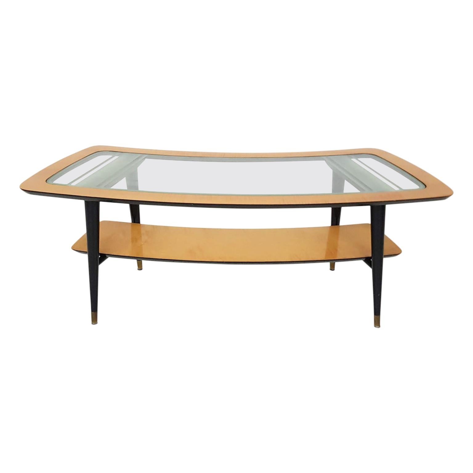 Ico Parisi Attributed Birch and Glass Boomerang Shaped Coffee Table, Italy 1950s
