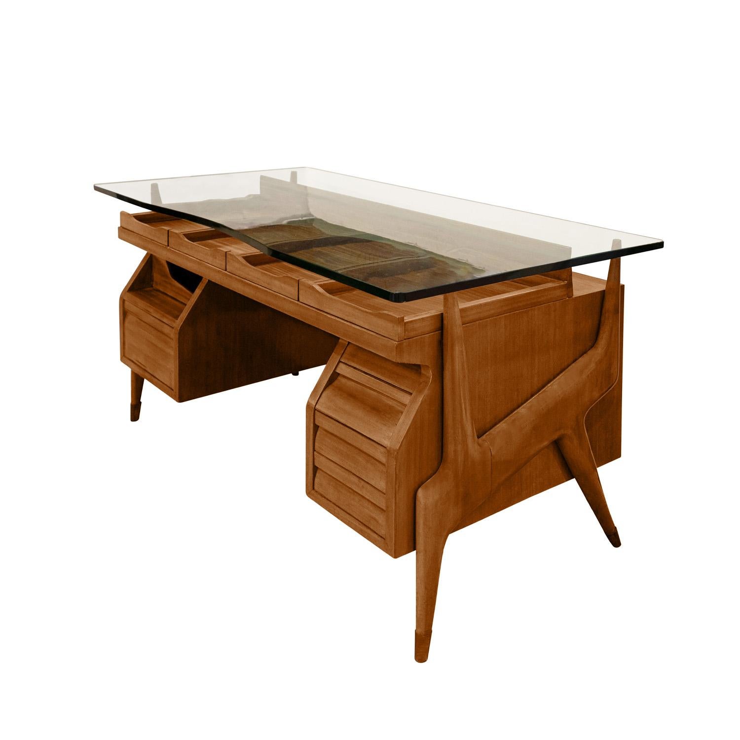 Mid-Century Modern Ico Parisi Attributed Sculptural Desk With Glass Top 1950s For Sale