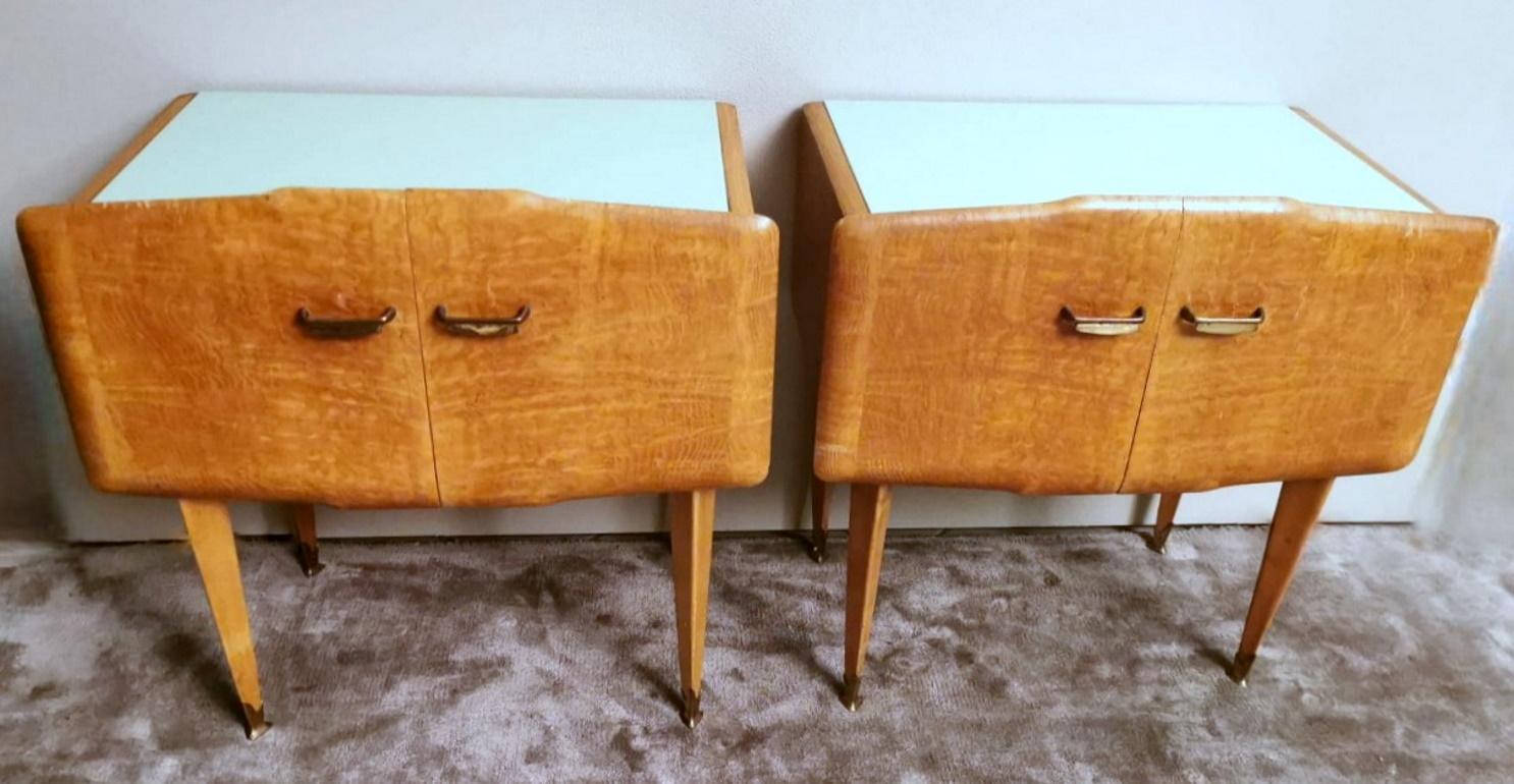 Mid-Century Modern Ico Parisi Attributed Vintage Pair of Nightstands with Glass Paste Top For Sale