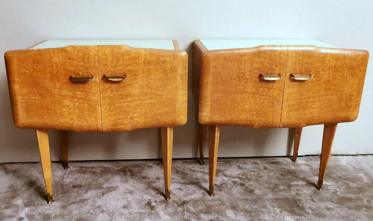 Italian Ico Parisi Attributed Vintage Pair of Nightstands with Glass Paste Top For Sale