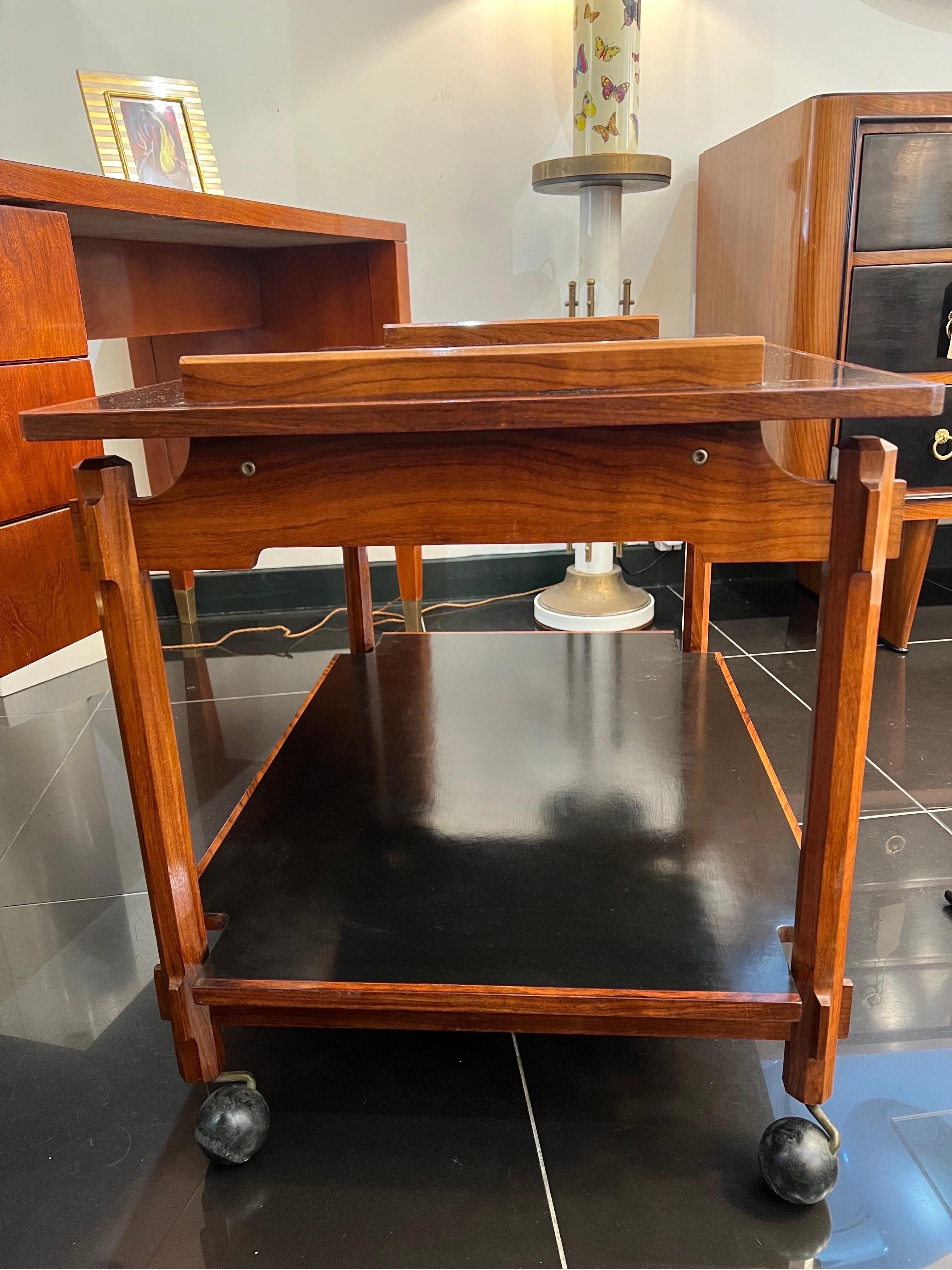 Italian Ico Parisi Bar Cart in Solid Cherrywood with Black Lacquer Trays