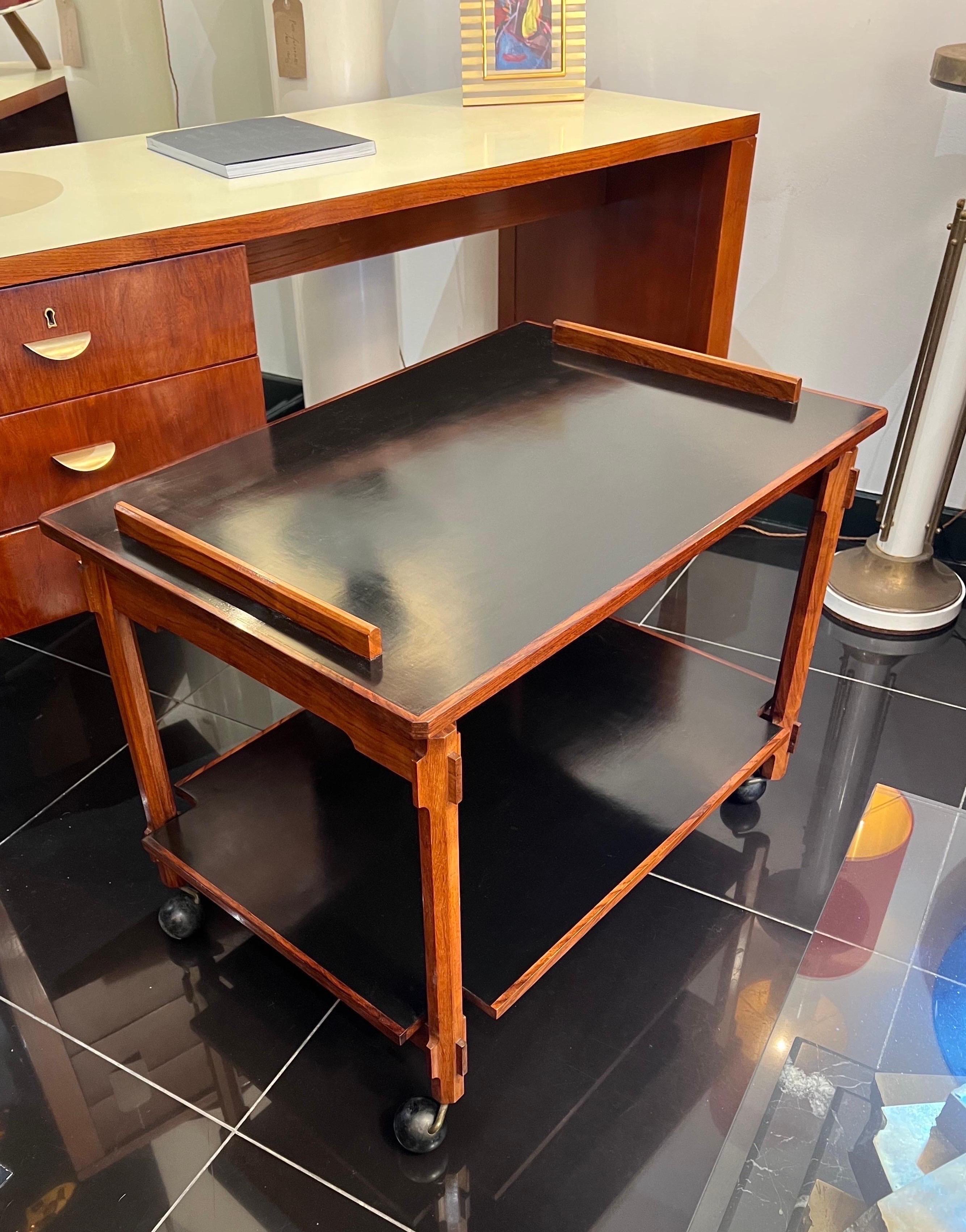 Lacquered Ico Parisi Bar Cart in Solid Cherrywood with Black Lacquer Trays