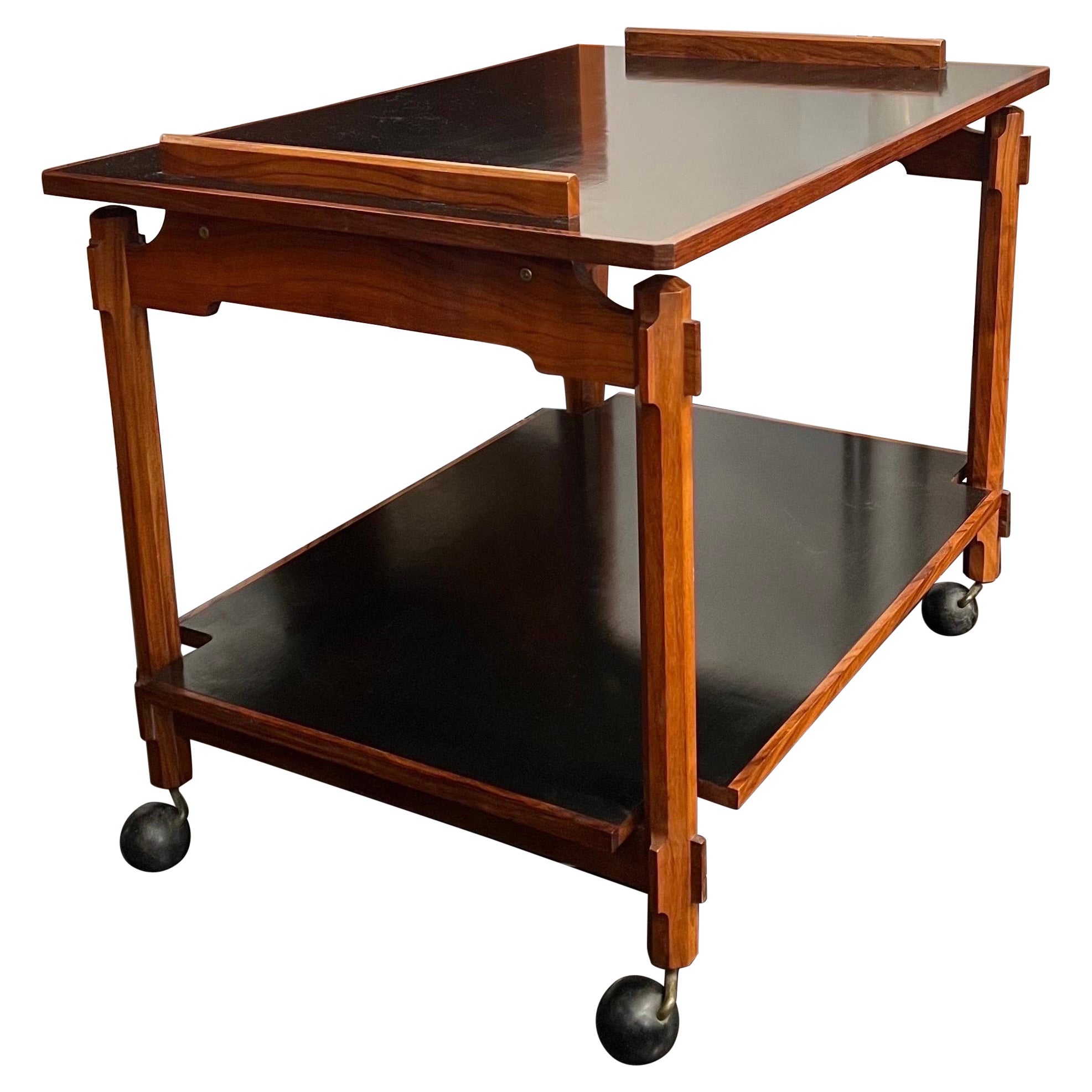 Ico Parisi Bar Cart in Solid Cherrywood with Black Lacquer Trays