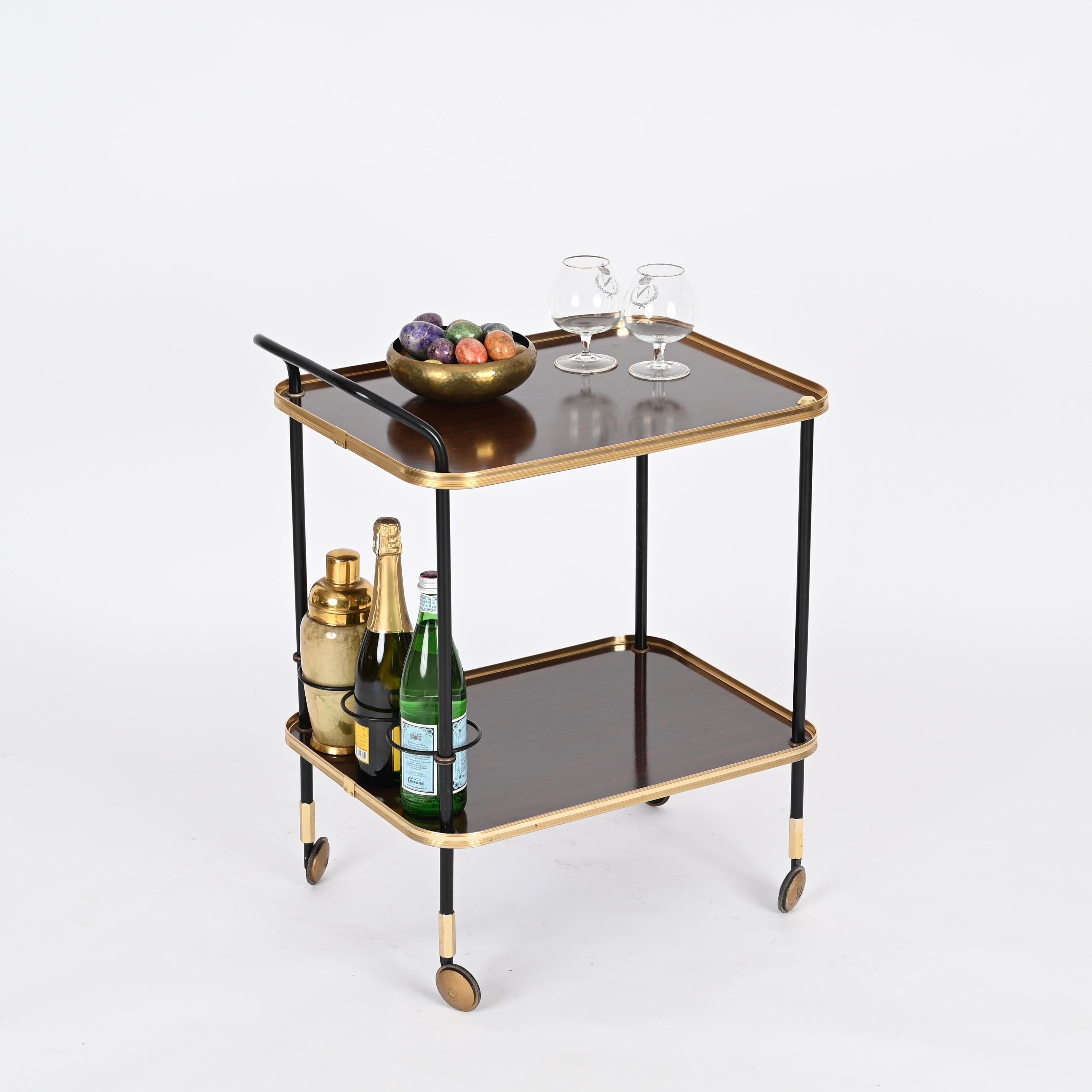 Ico Parisi Bar Cart with Bottle Holder, Wood and Brass, MB Italy, 1960s For Sale 2