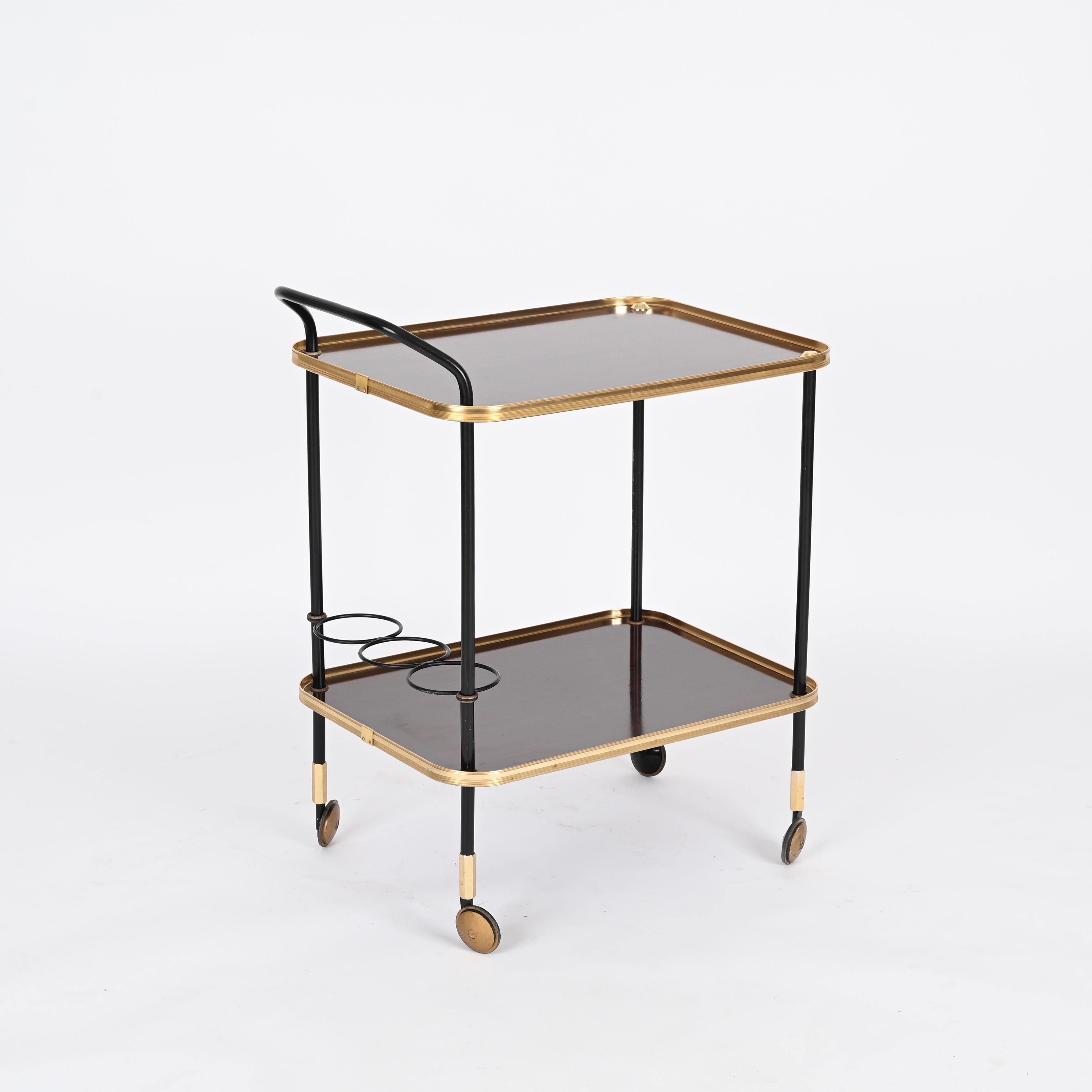 Ico Parisi Bar Cart with Bottle Holder, Wood and Brass, MB Italy, 1960s For Sale 5