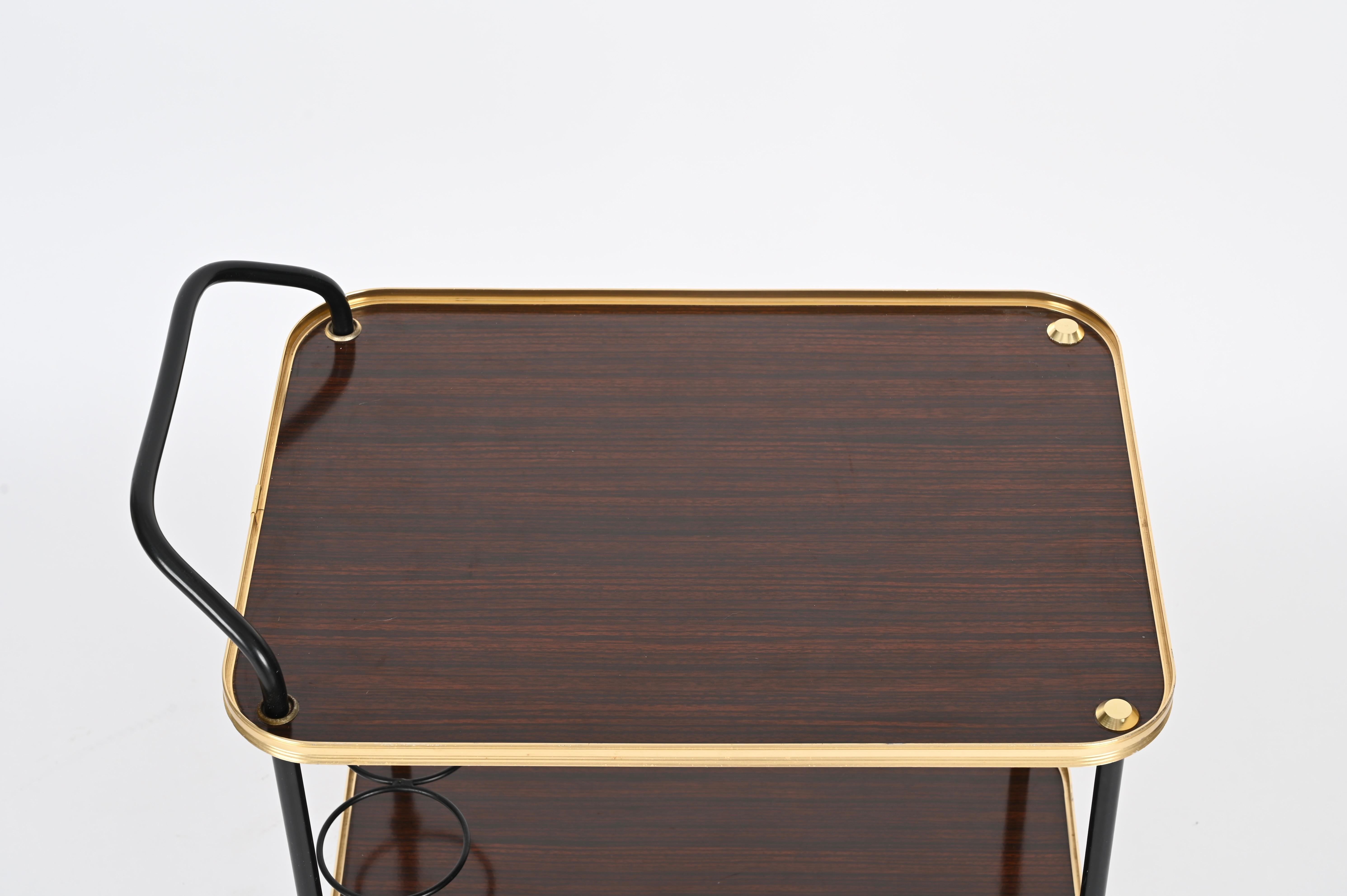 Italian Ico Parisi Bar Cart with Bottle Holder, Wood and Brass, MB Italy, 1960s For Sale