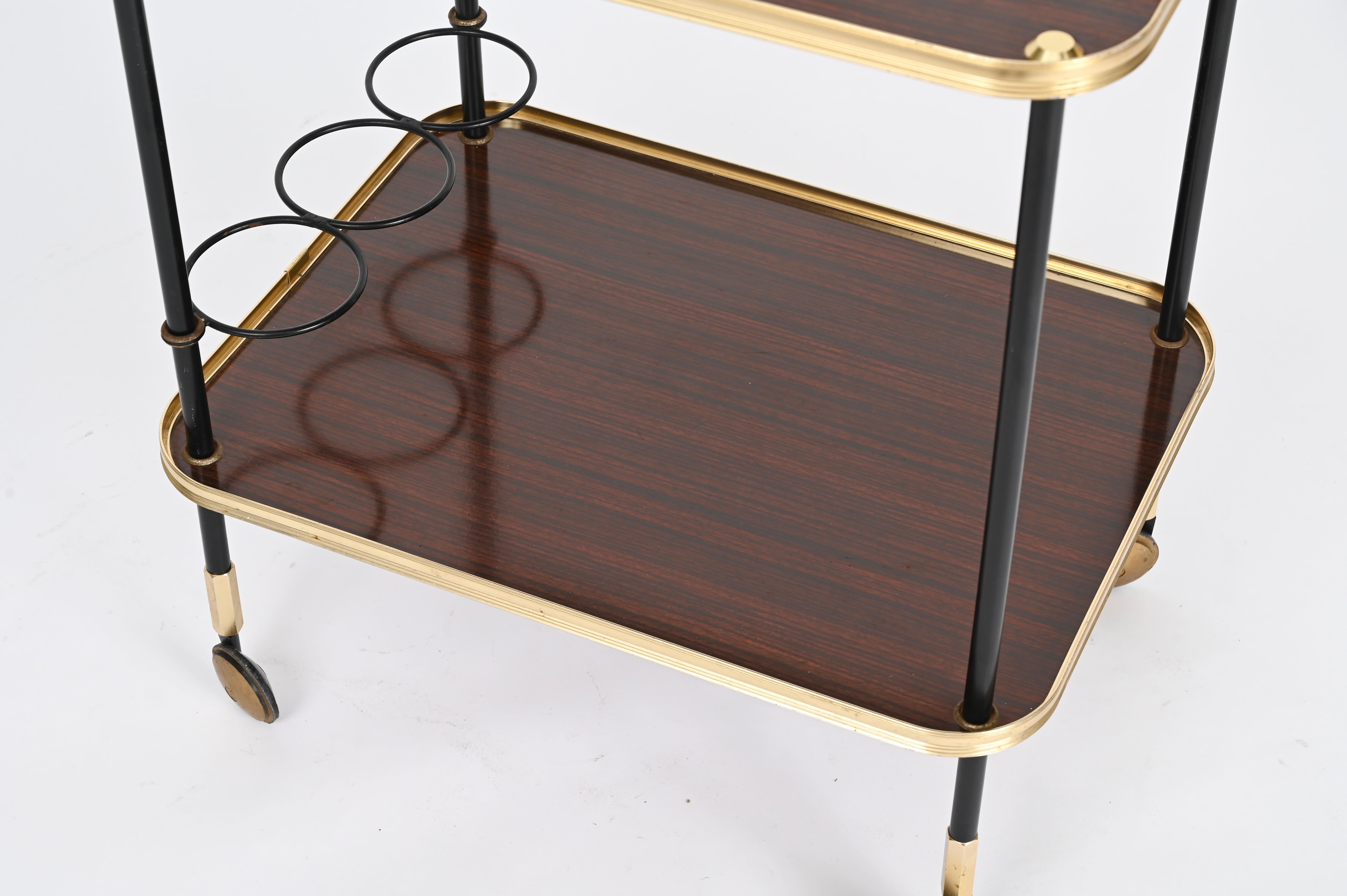 Gilt Ico Parisi Bar Cart with Bottle Holder, Wood and Brass, MB Italy, 1960s For Sale