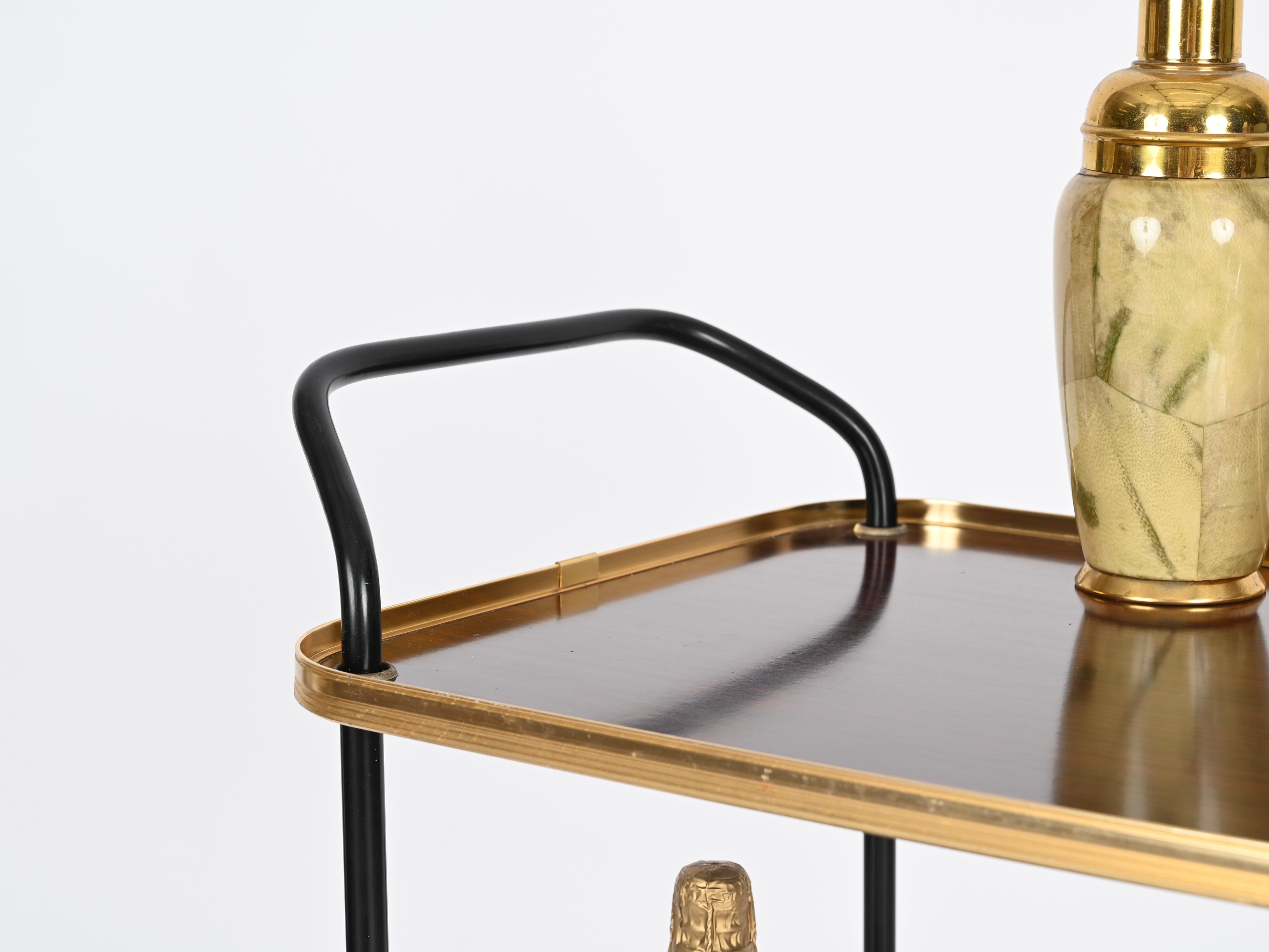 Metal Ico Parisi Bar Cart with Bottle Holder, Wood and Brass, MB Italy, 1960s For Sale