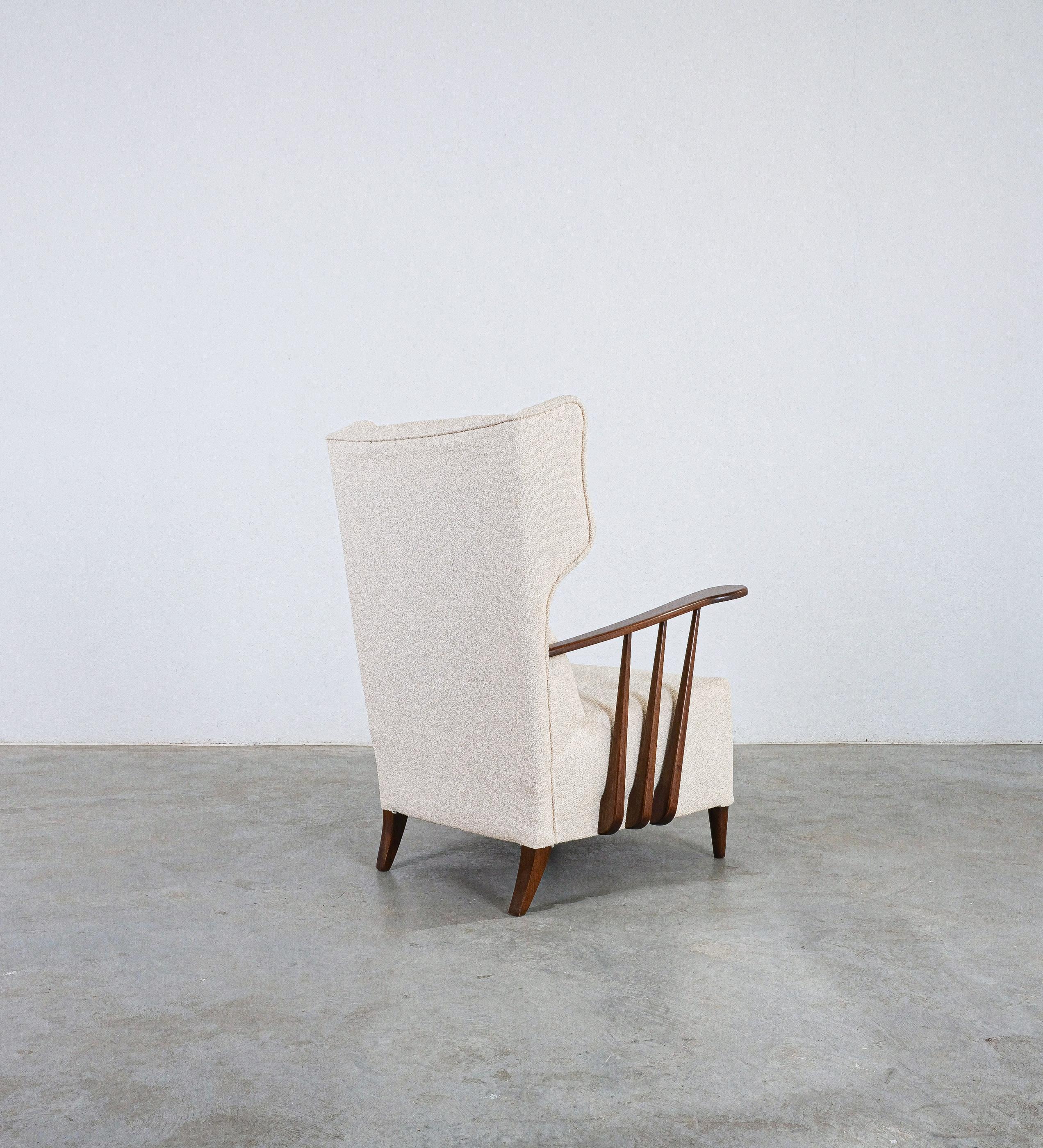 Italian Ico Parisi Bergère Lounge Armchair Creme Bouclé Walnut, Italy 1950 For Sale