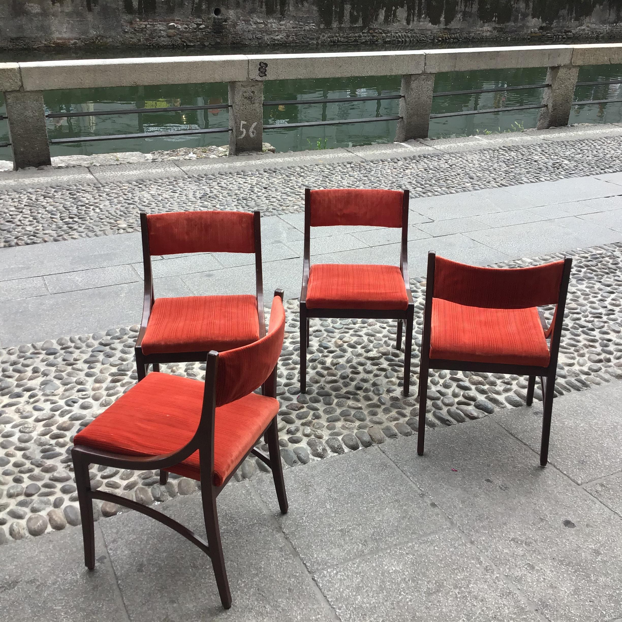 Ico Parisi “Cassina” Chairs Wood Velvet Padded Seat and Back, 1960, Italy For Sale 4