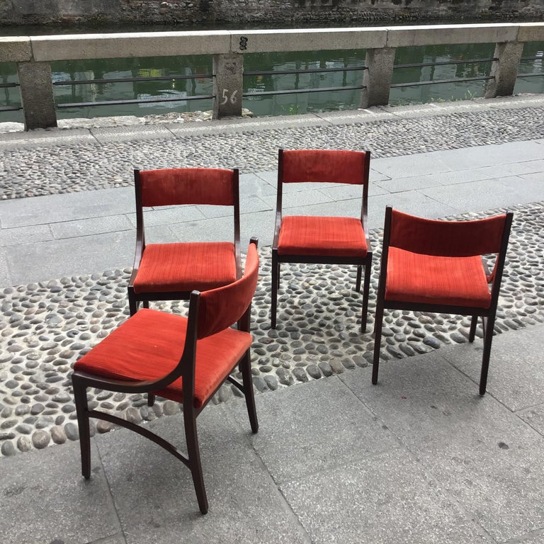 Ico Parisi “Cassina” Chairs Wood Velvet Padded Seat and Back, 1960