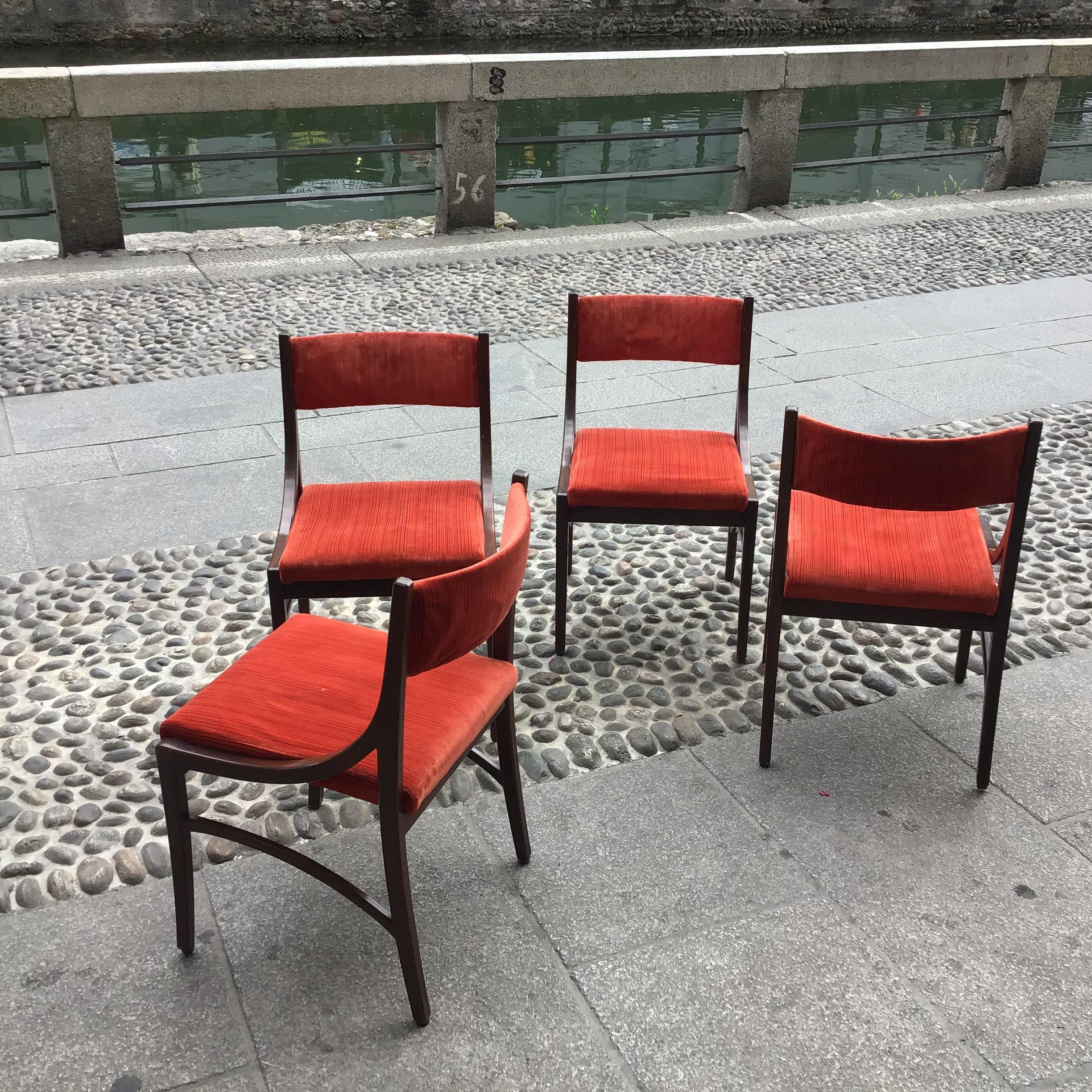 Other Ico Parisi “Cassina” Chairs Wood Velvet Padded Seat and Back, 1960, Italy For Sale