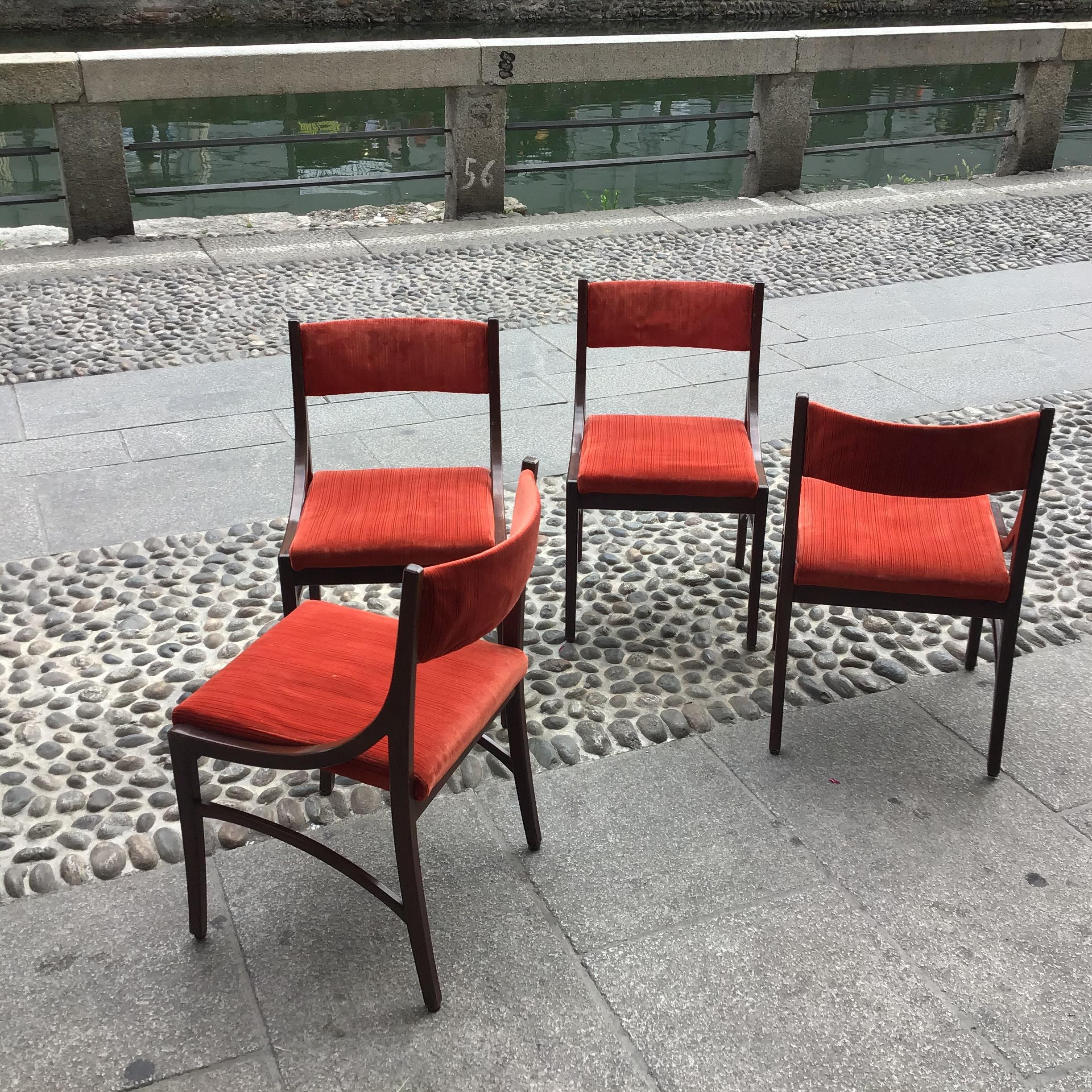Italian Ico Parisi “Cassina” Chairs Wood Velvet Padded Seat and Back, 1960, Italy For Sale