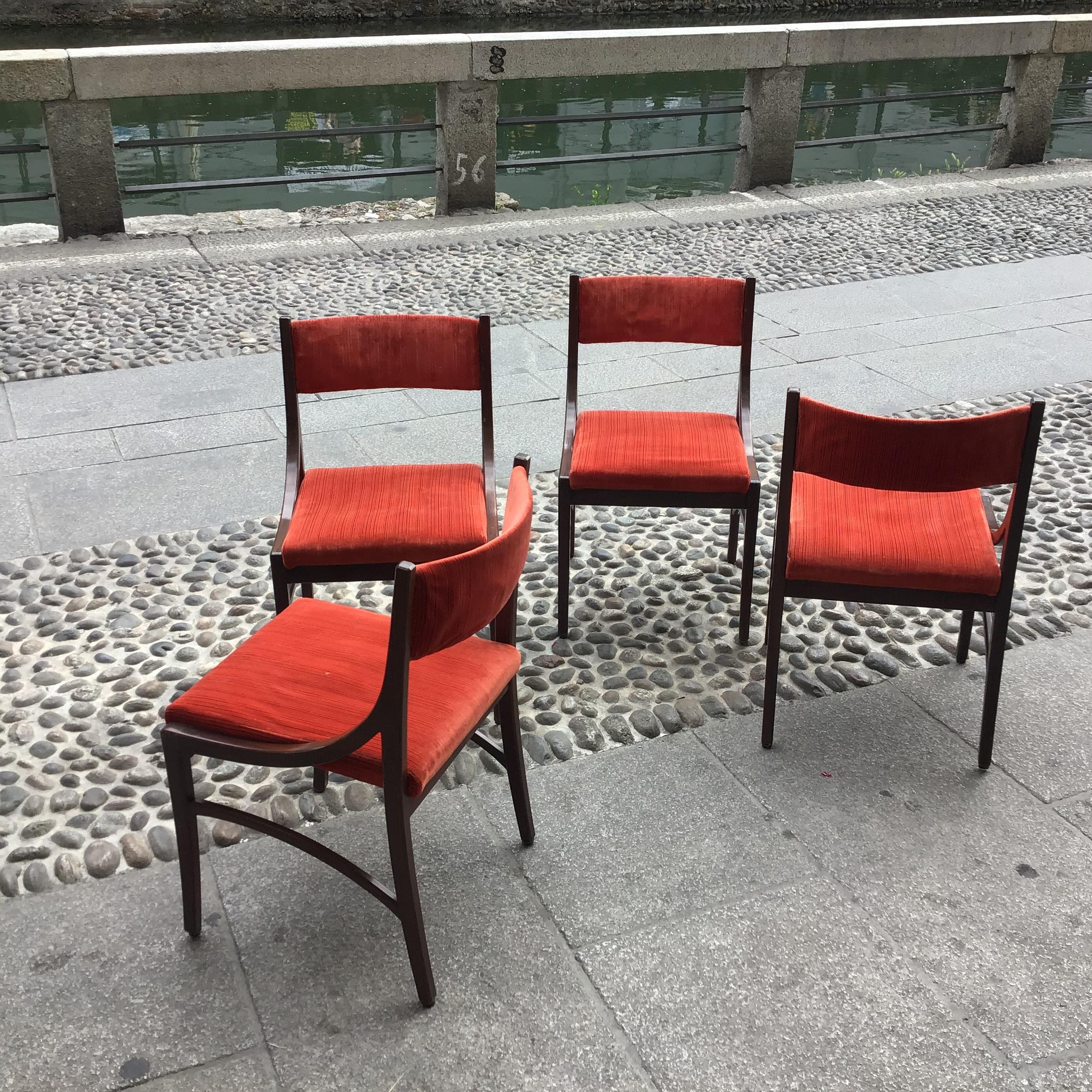 Ico Parisi “Cassina” Chairs Wood Velvet Padded Seat and Back, 1960, Italy In Good Condition For Sale In Milano, IT