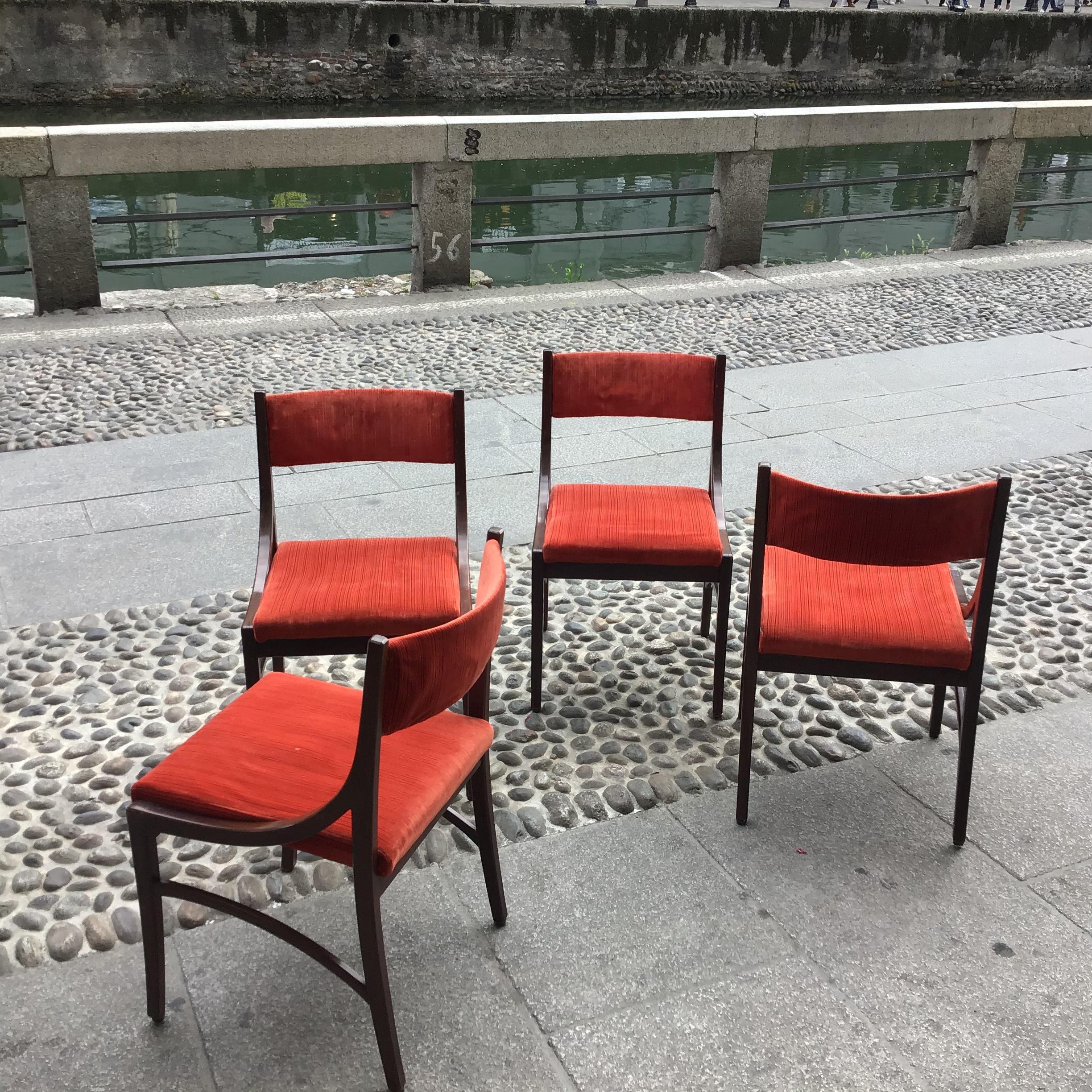 Mid-20th Century Ico Parisi “Cassina” Chairs Wood Velvet Padded Seat and Back, 1960, Italy For Sale