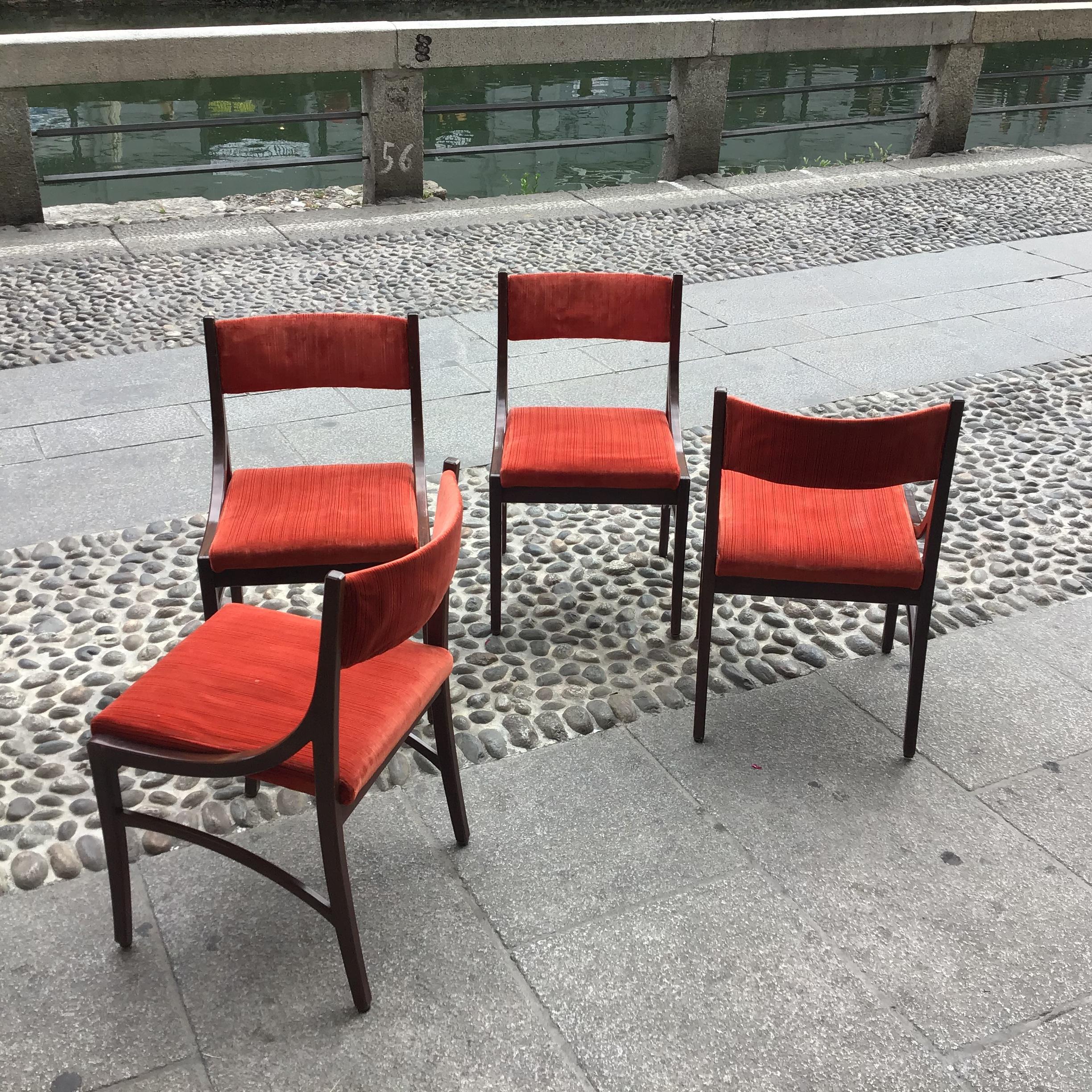 Ico Parisi “Cassina” Chairs Wood Velvet Padded Seat and Back, 1960, Italy For Sale 2