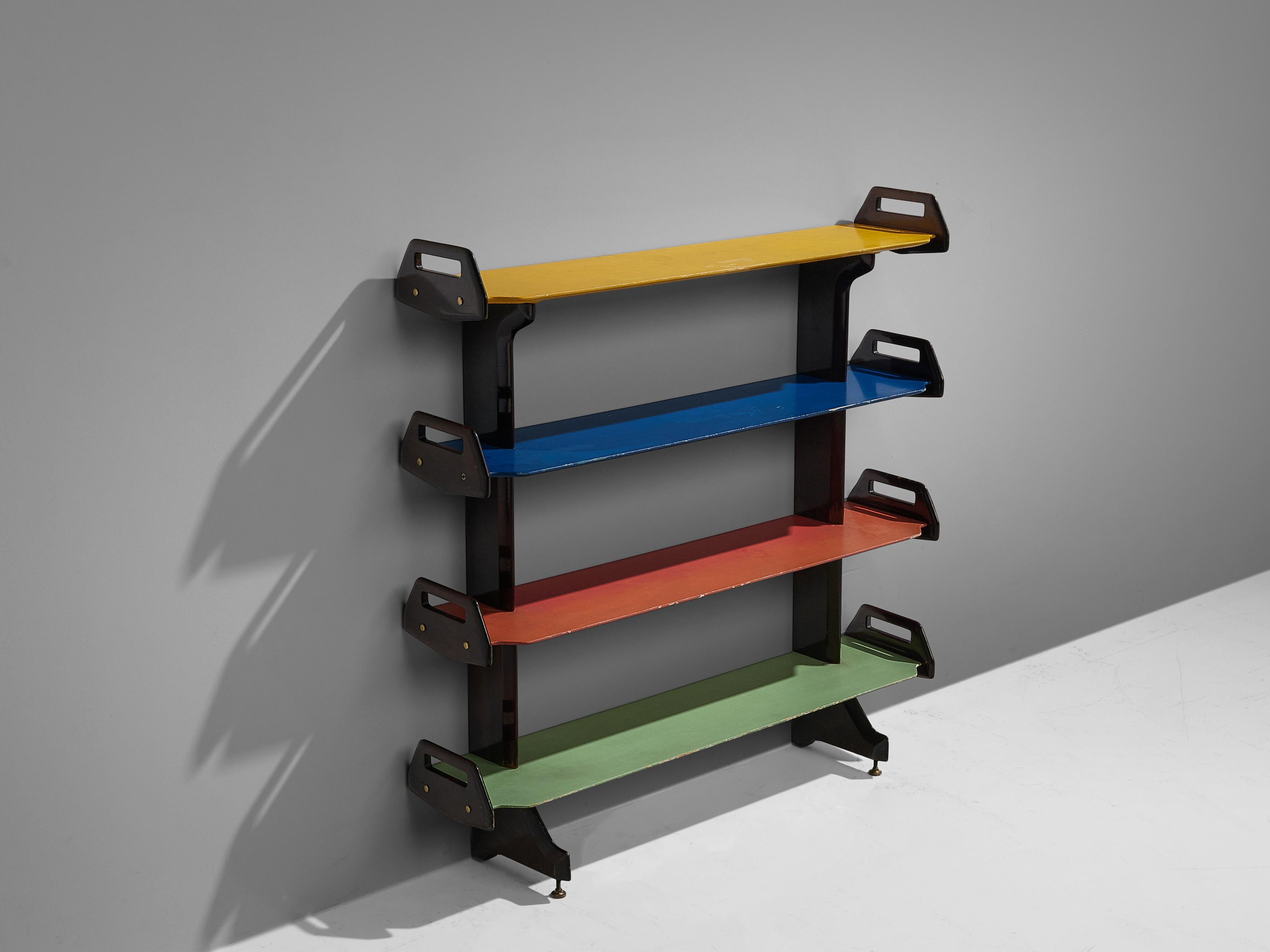 Ico Parisi for Angelo De Baggis, bookcase model 457, lacquered wood, mahogany, brass, Italy, 1955

Beautiful small bookcase designed by Ico Parisi. This open bookcase with four shelves in different colors has a low height of 108cm. Originally it was