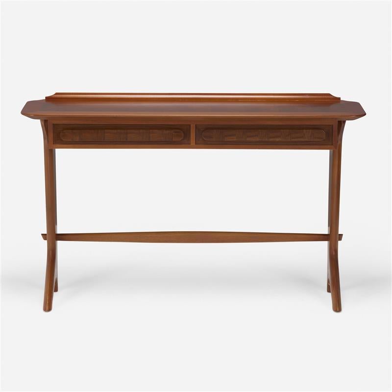 Rare, Studio Built Console Table by Ico & Luisa Parisi Sculptural form of Italian walnut with 2 drawers. 
Herringbone inlay detail to top and more inlay details throughout. A super rare and amazing piece. 
Ico and Luisa Parisi Console Italy, c. 1950