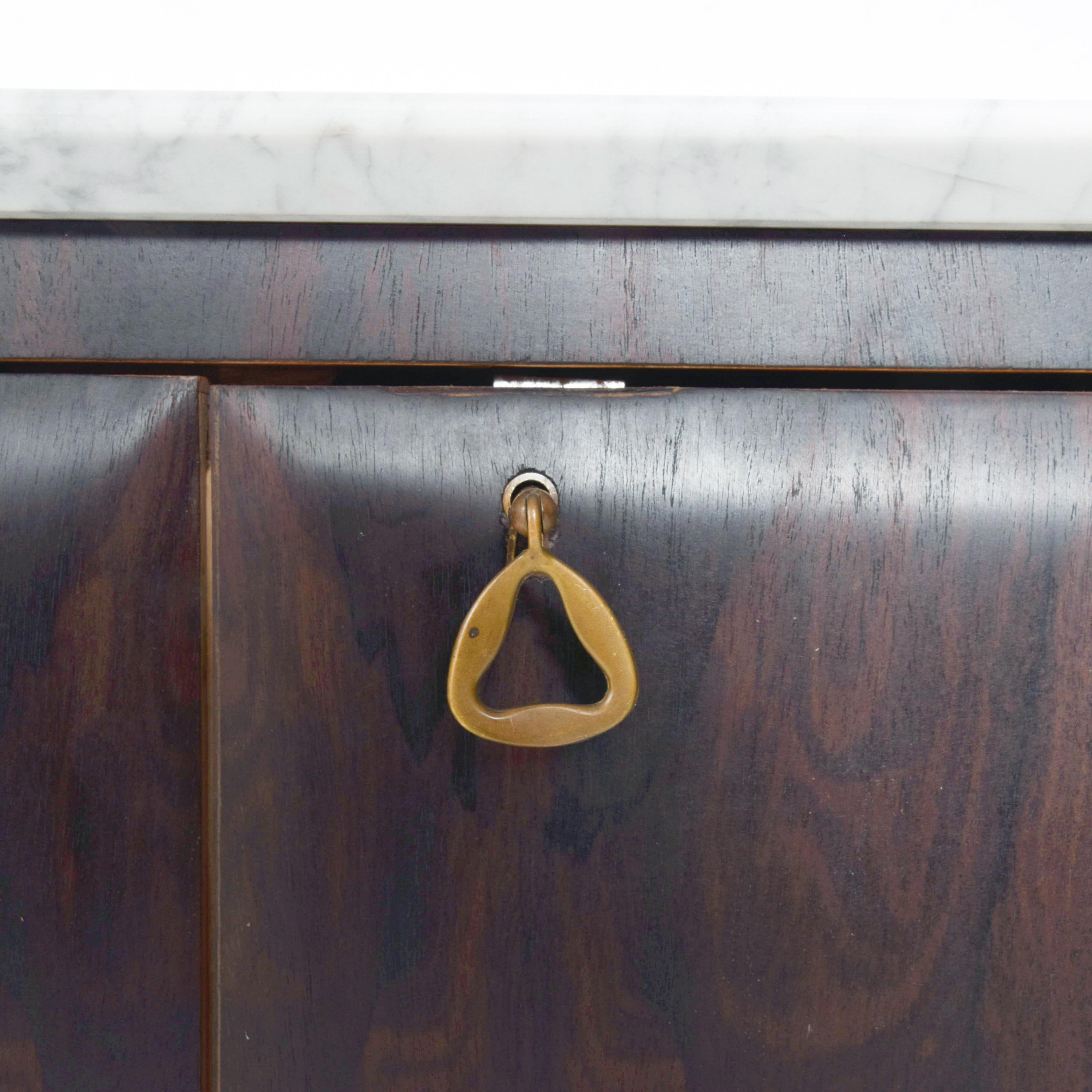 Ico Parisi Elegant Italian Marble & Rosewood Console Bar Cabinet Key Lock, 1950s In Good Condition In Chula Vista, CA