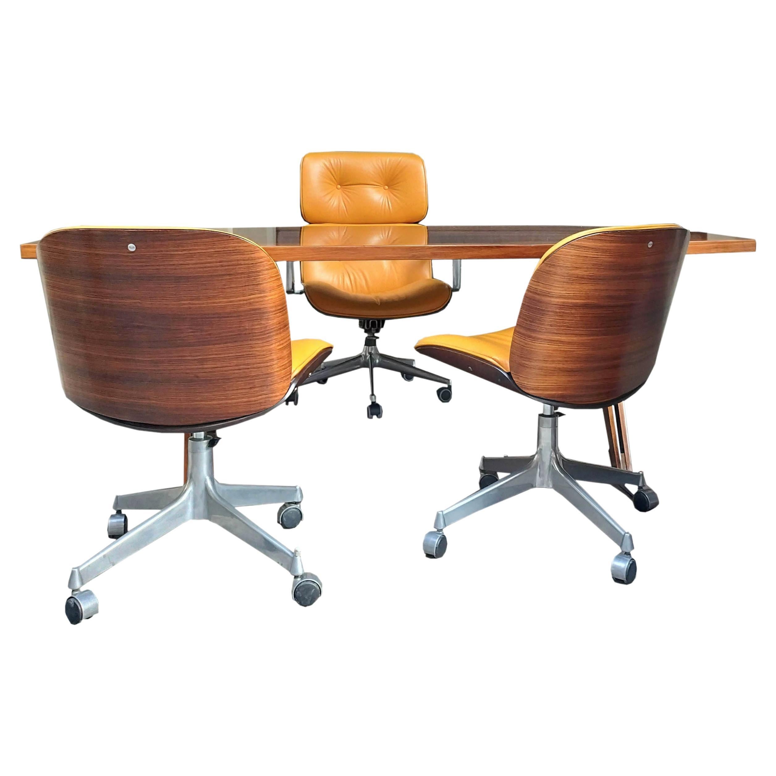 Ico Parisi for Mim Roma Desk, an Executive Armchair and a pair of Swiwel Chairs