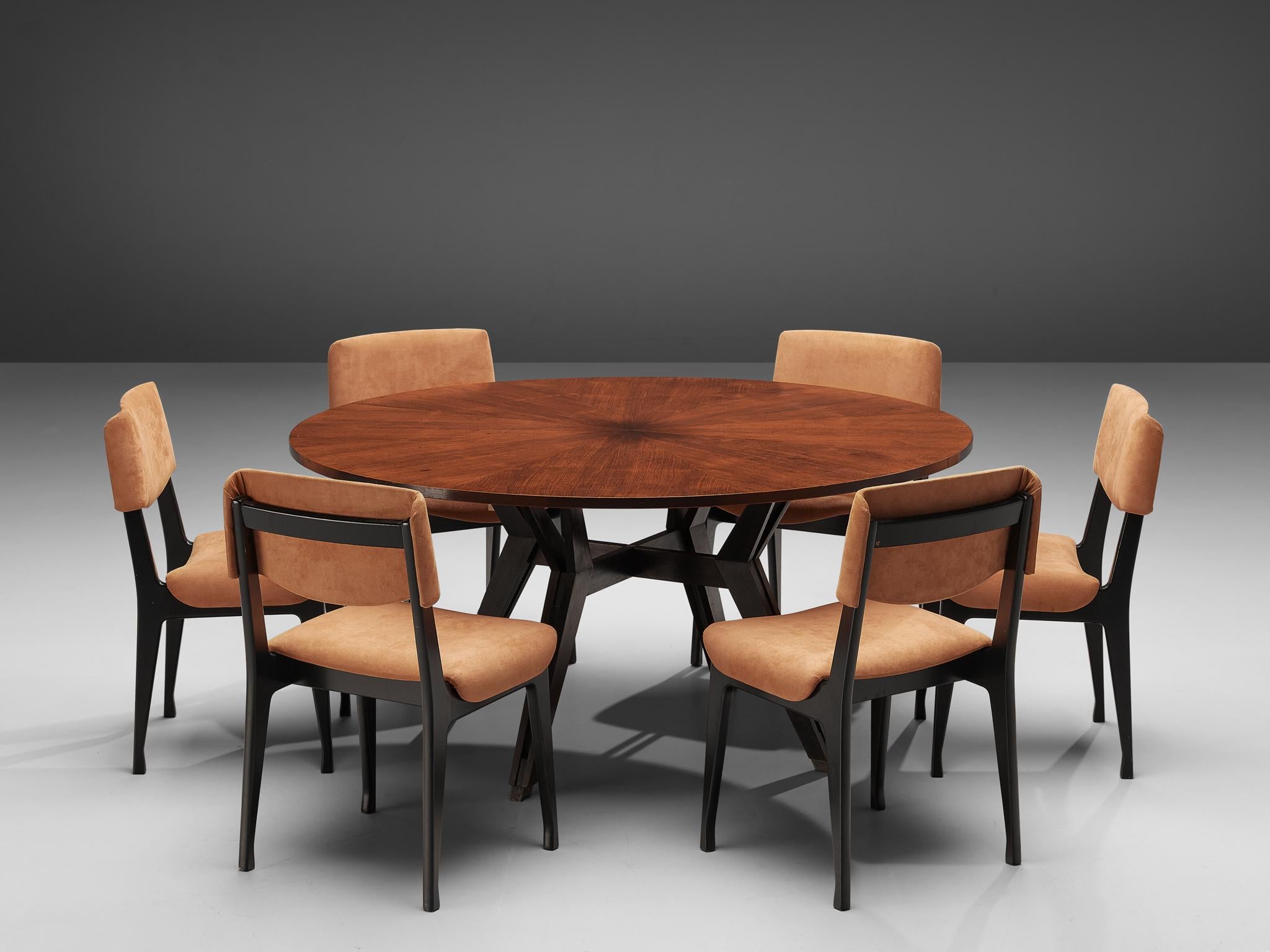 MIM Roma, set of six dining chairs, wood, orange velour upholstery, Italy, 1960s

This set of six dining chairs for MIM Roma shows a well balanced design. With its angular tapered legs the frame gets a special look especially sideways. The seats
