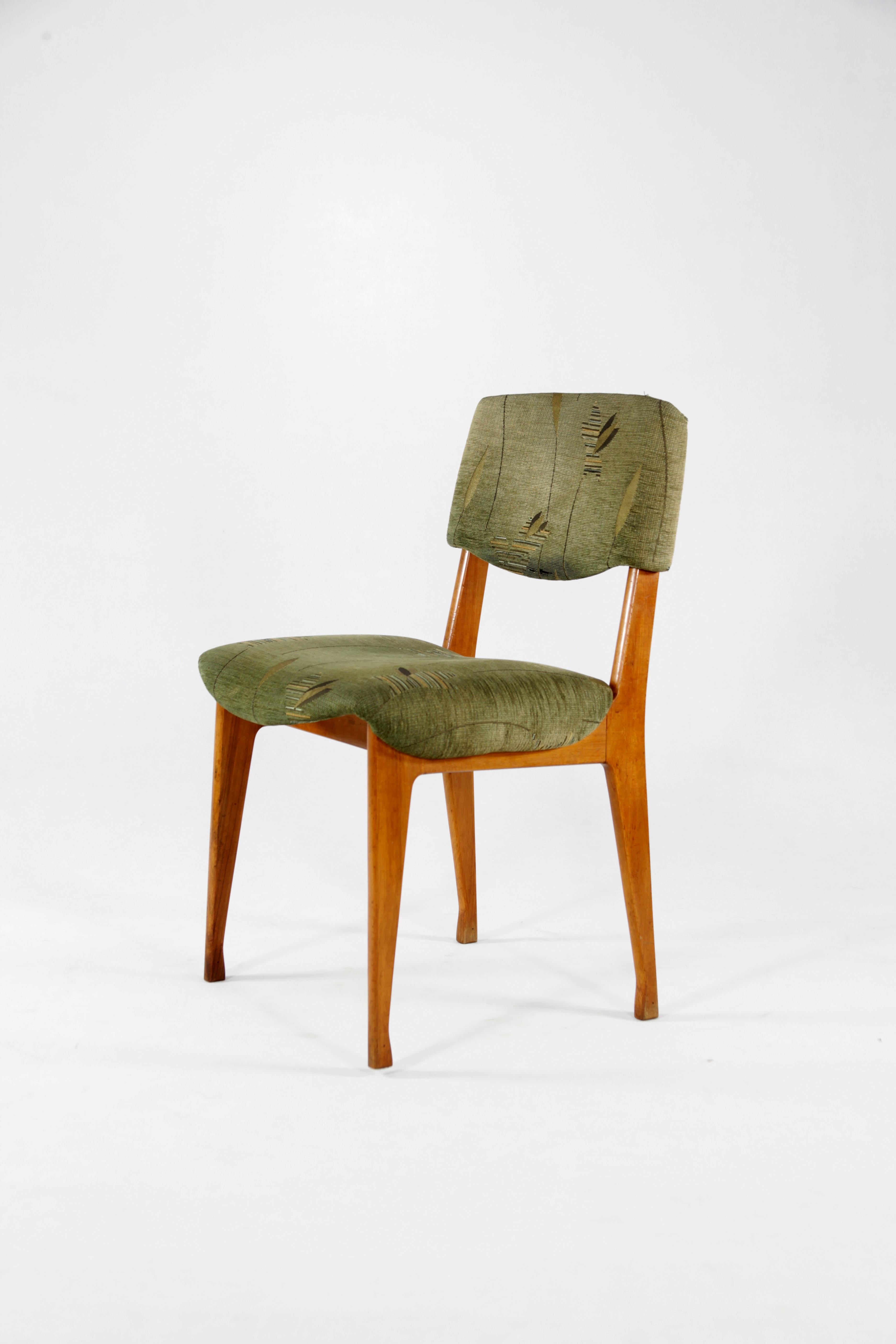 Ico Parisi for MIM, Six Italian Wooden Dining Chairs, Green Fabric Seats, 1950 For Sale 1