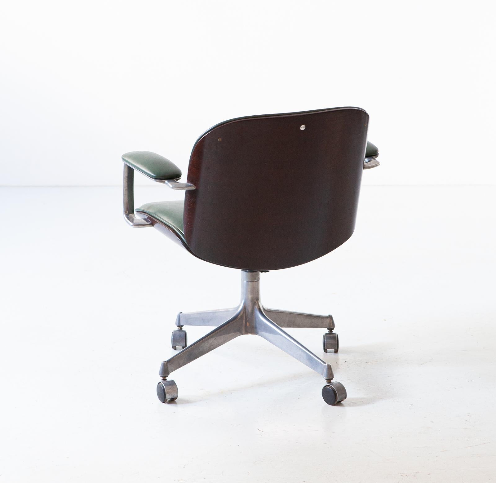 Mid-Century Modern Ico Parisi for MiM Swivel Desk Chair in Green Skai and Walnut