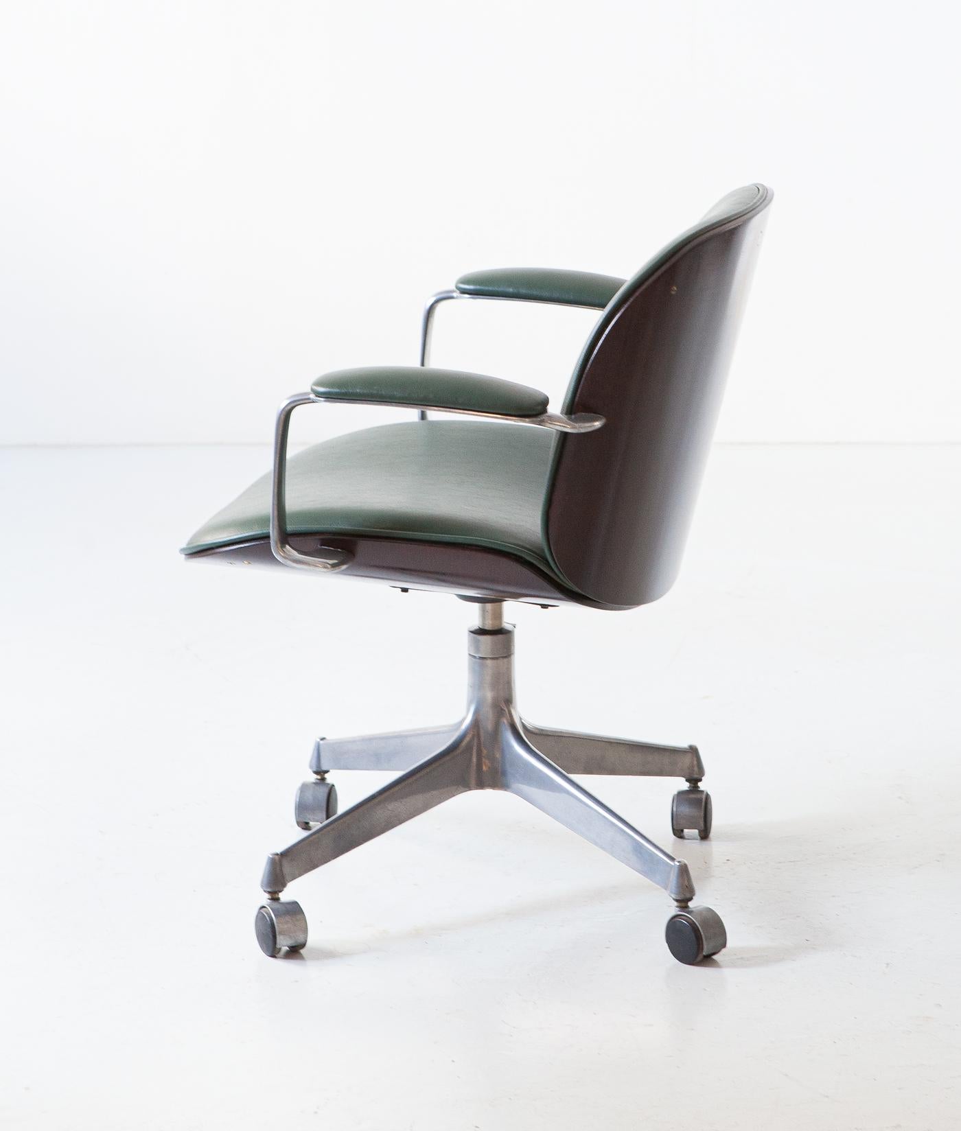 Italian Ico Parisi for MiM Swivel Desk Chair in Green Skai and Walnut