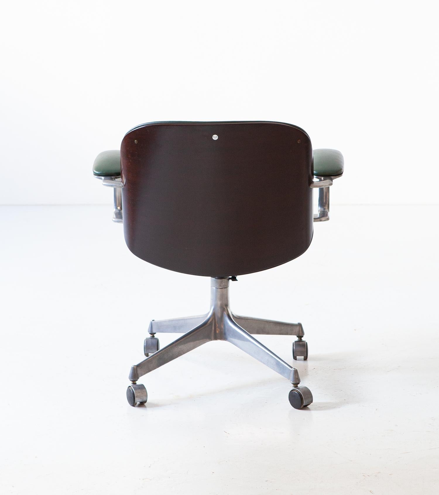 Mid-20th Century Ico Parisi for MiM Swivel Desk Chair in Green Skai and Walnut