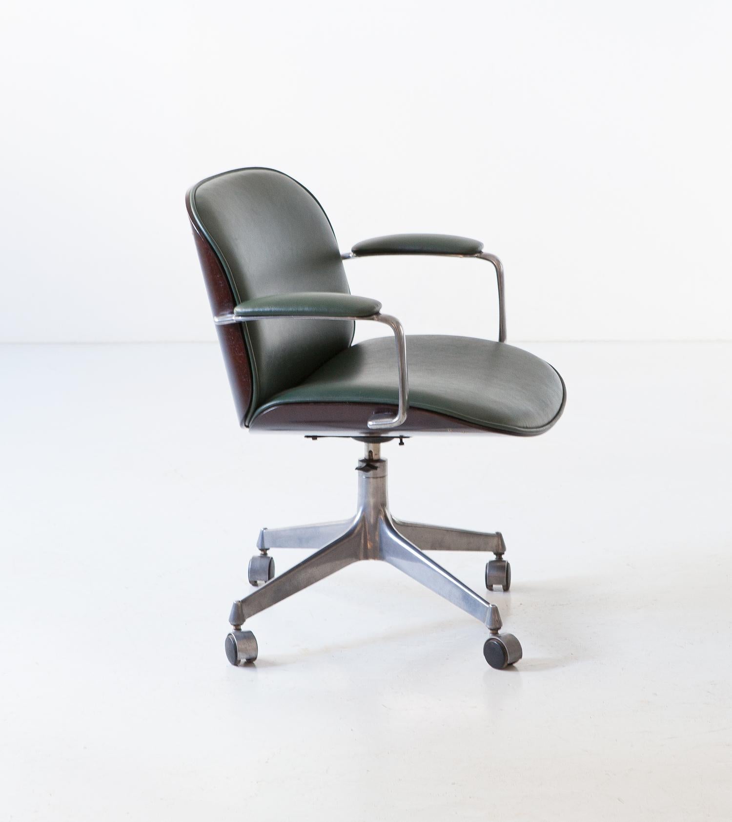 Metal Ico Parisi for MiM Swivel Desk Chair in Green Skai and Walnut