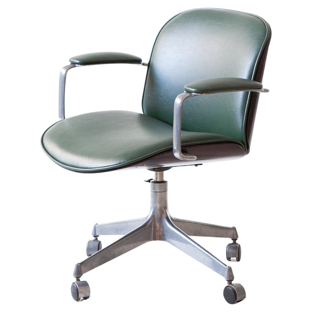 Ico Parisi for MiM Swivel Desk Chair in Green Skai and Walnut