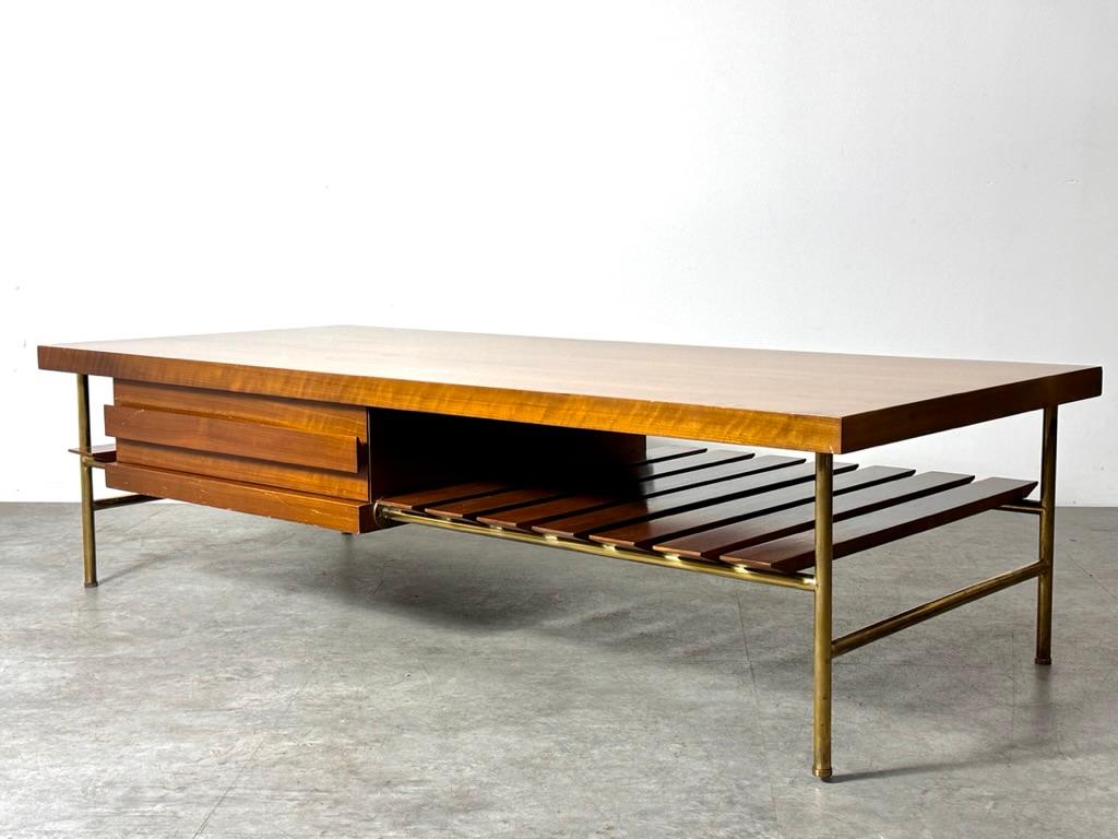 American Ico Parisi for Singer & Sons Walnut and Brass Rectangular Slat Coffee Table For Sale