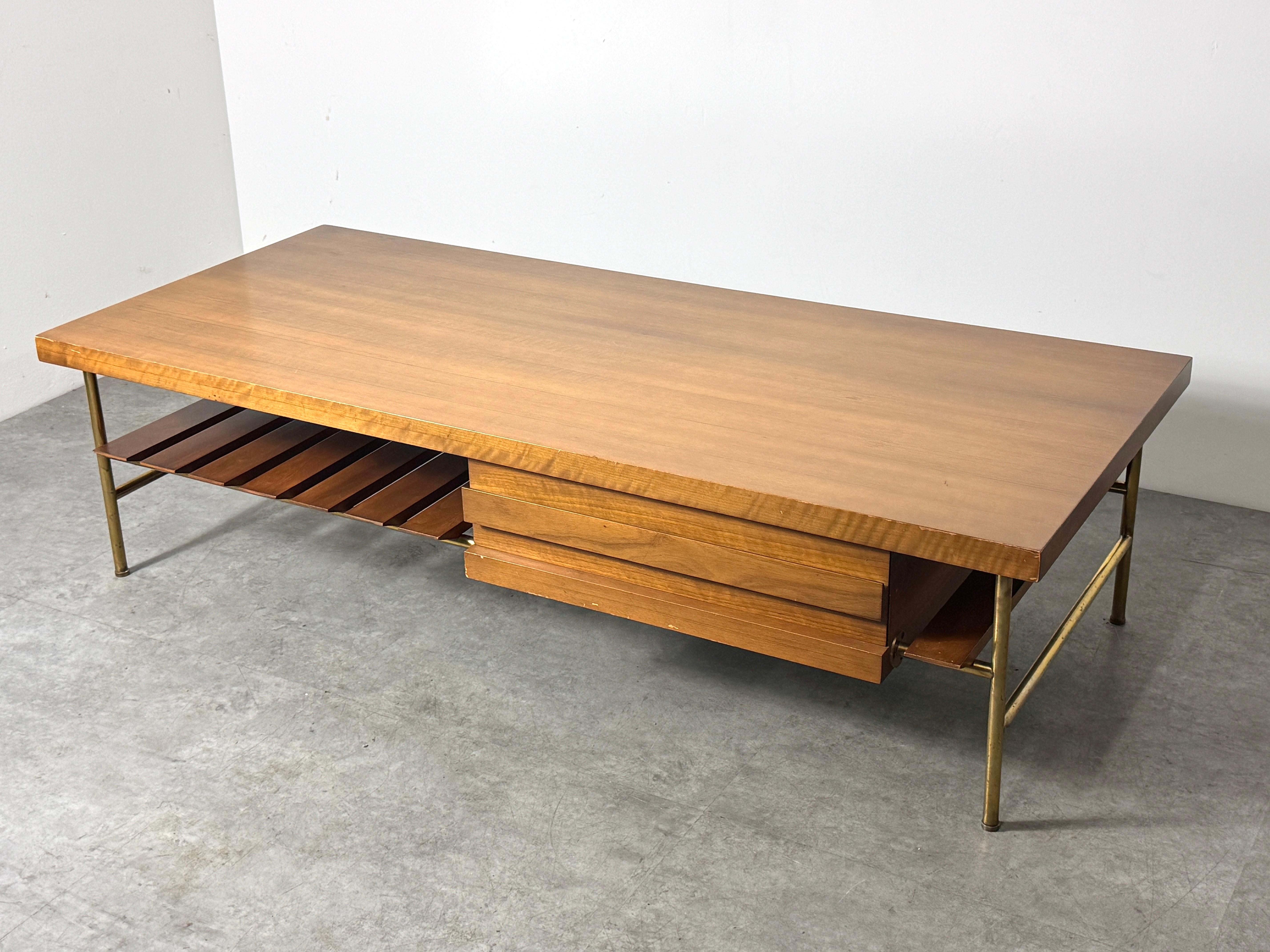 Mid-20th Century Ico Parisi for Singer & Sons Walnut and Brass Rectangular Slat Coffee Table For Sale