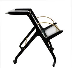 Ico Parisi Style Glass and Wood Magazine Rack with Wheels, 1950s