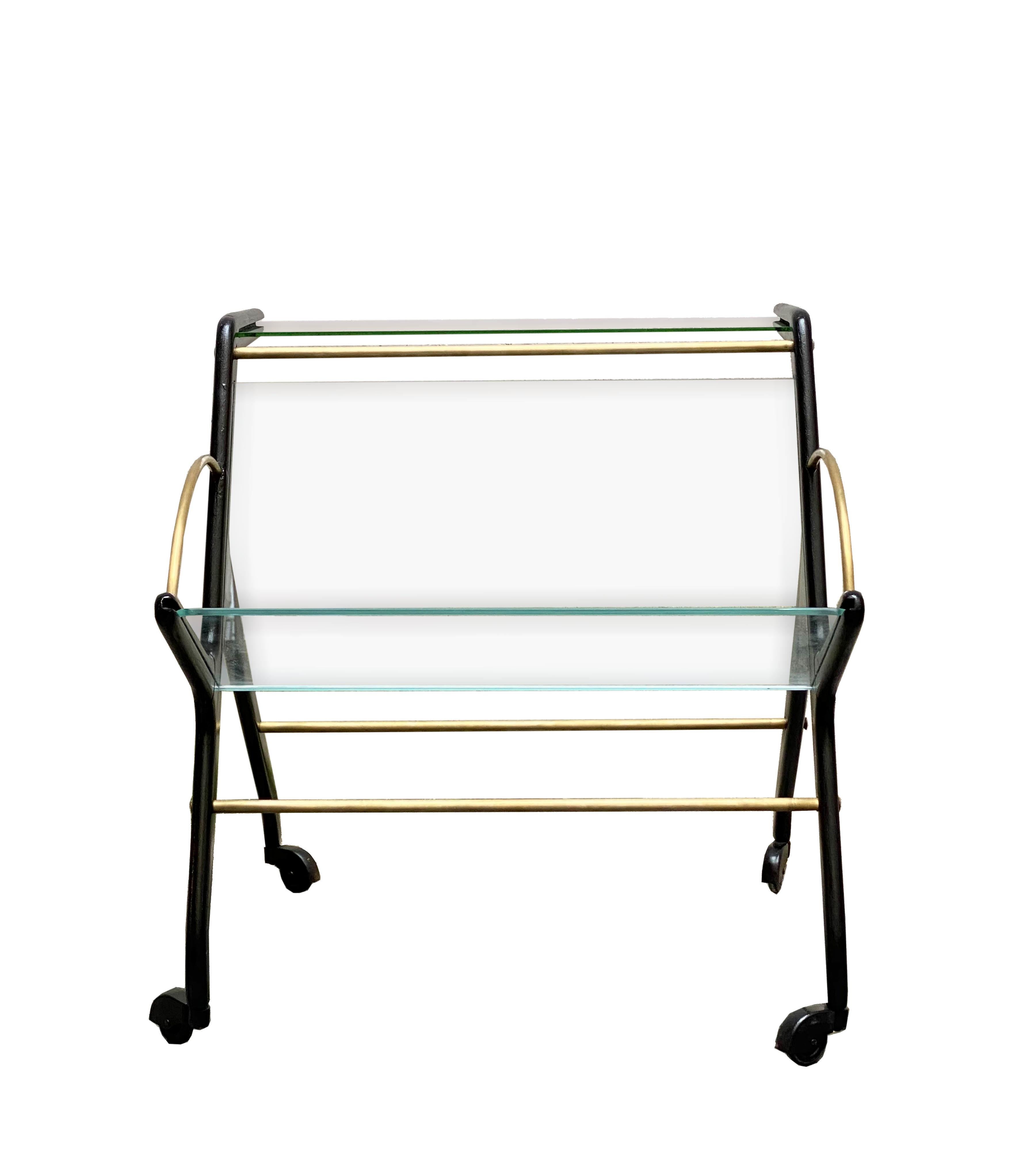 Adam Style Ico Parisi Glass and Wood Magazine Rack with Wheels, 1950s For Sale
