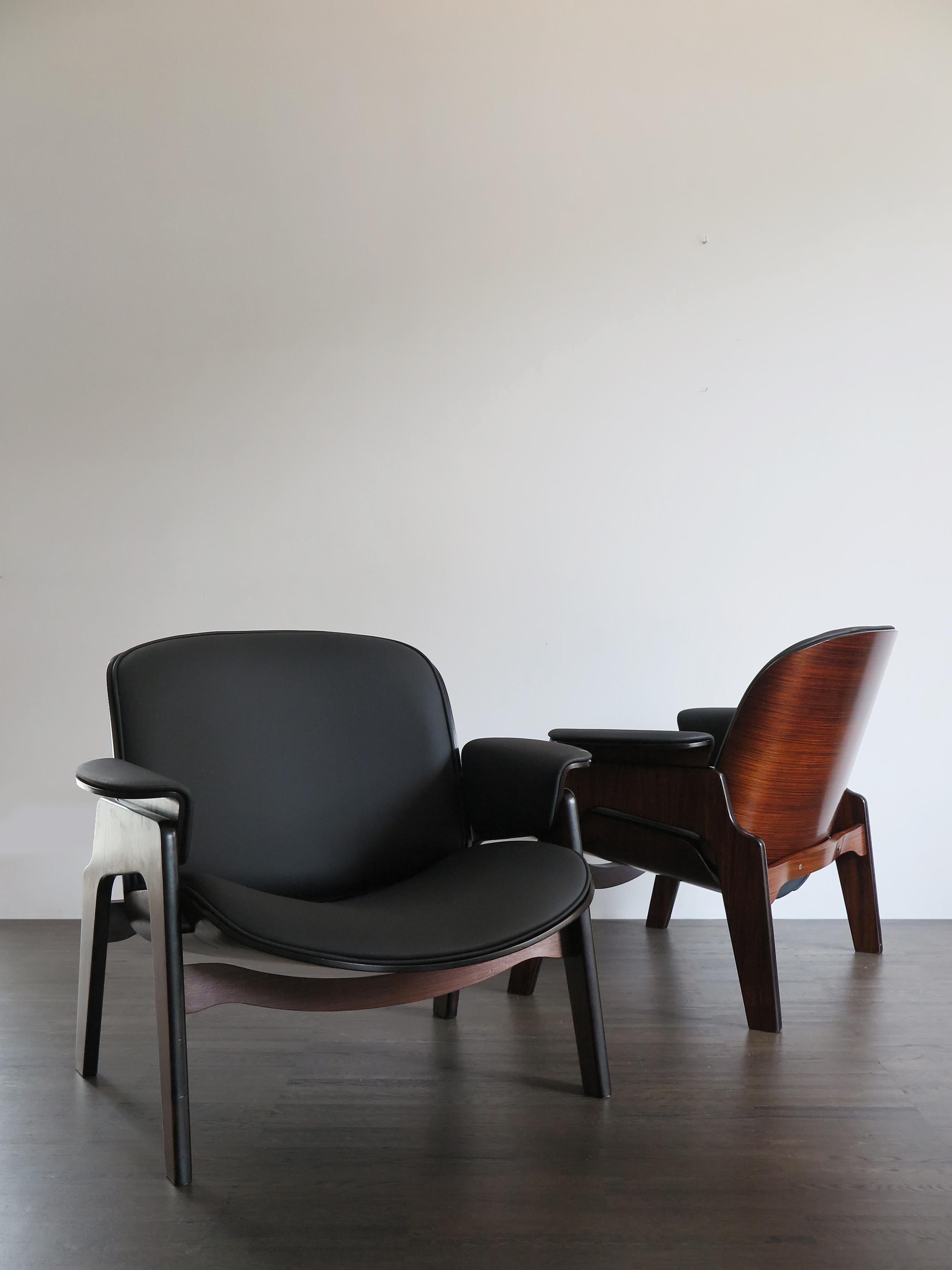 Mid-Century Modern Ico Parisi Style Italian Dark Wood and Leatherette Armchairs for MIM Roma, 1960s