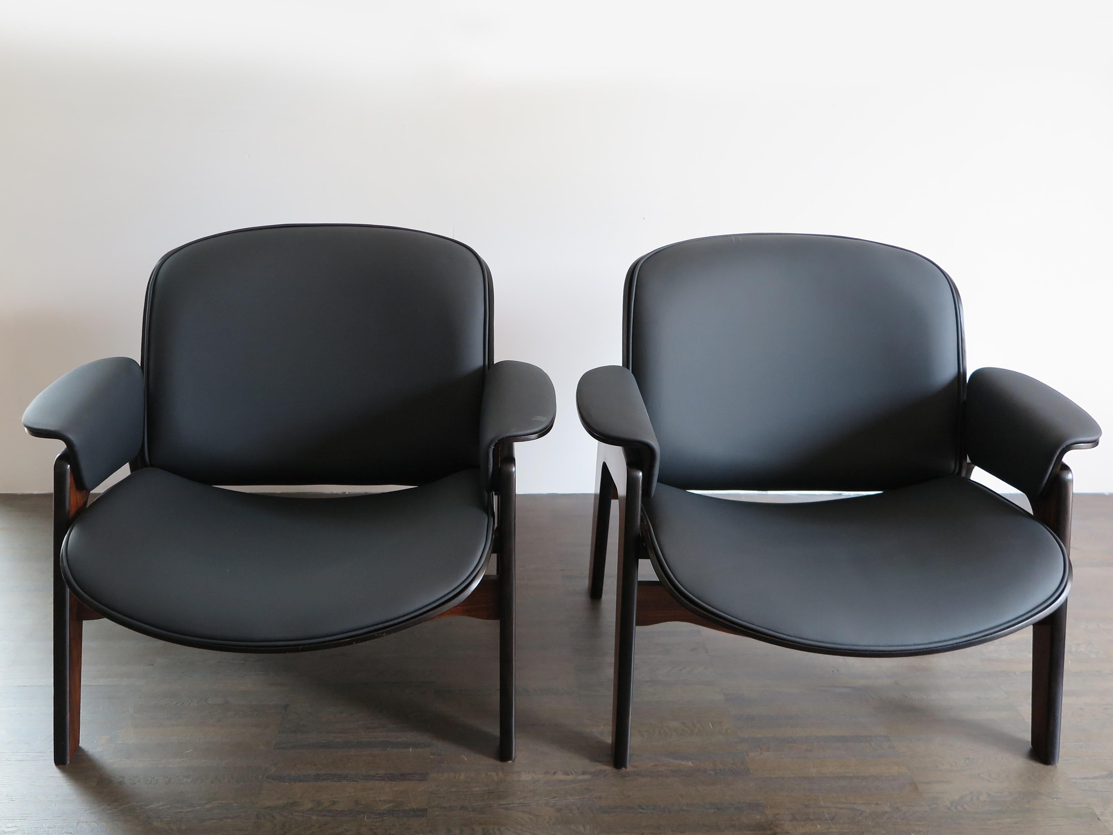 Faux Leather Ico Parisi Style Italian Dark Wood and Leatherette Armchairs for MIM Roma, 1960s